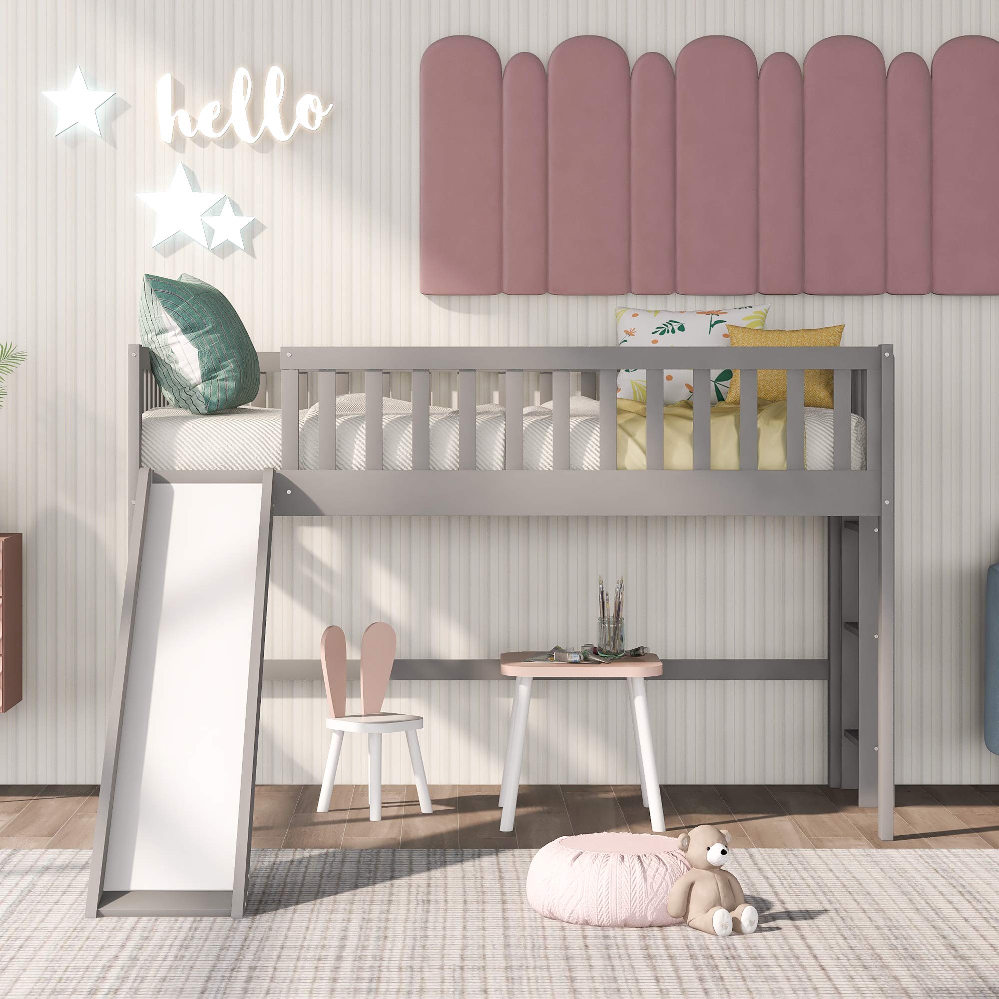 Twin Size Low Loft Bed with Ladder & Slide - Solid Wood Kids Loft Bed Frame for Toddlers & Teens - Space-Saving Low Profile Design (Gray+Pine Wood) - Perfect for Small Bedrooms, Dorms & Playrooms