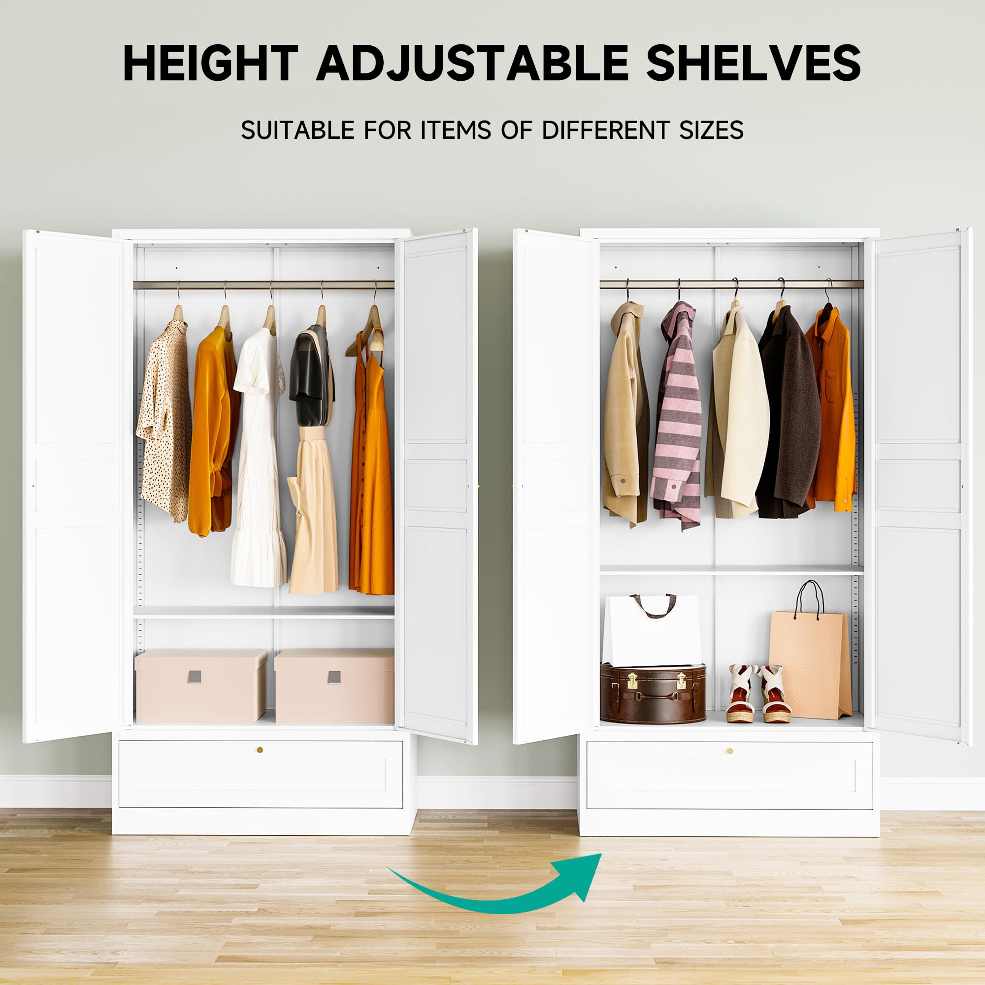 White Metal Wardrobe Cabinet with Drawer, Hanging Rod & Adjustable Shelves - Spacious Armoire Closet with Doors for Bedroom, Clothes Storage & Home Organization