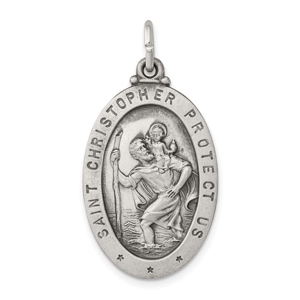 Vintage Black Bow Sterling Silver Antiqued St. Christopher Medal Pendant, 17x34mm - Perfect for Travel Protection & Everyday Elegance