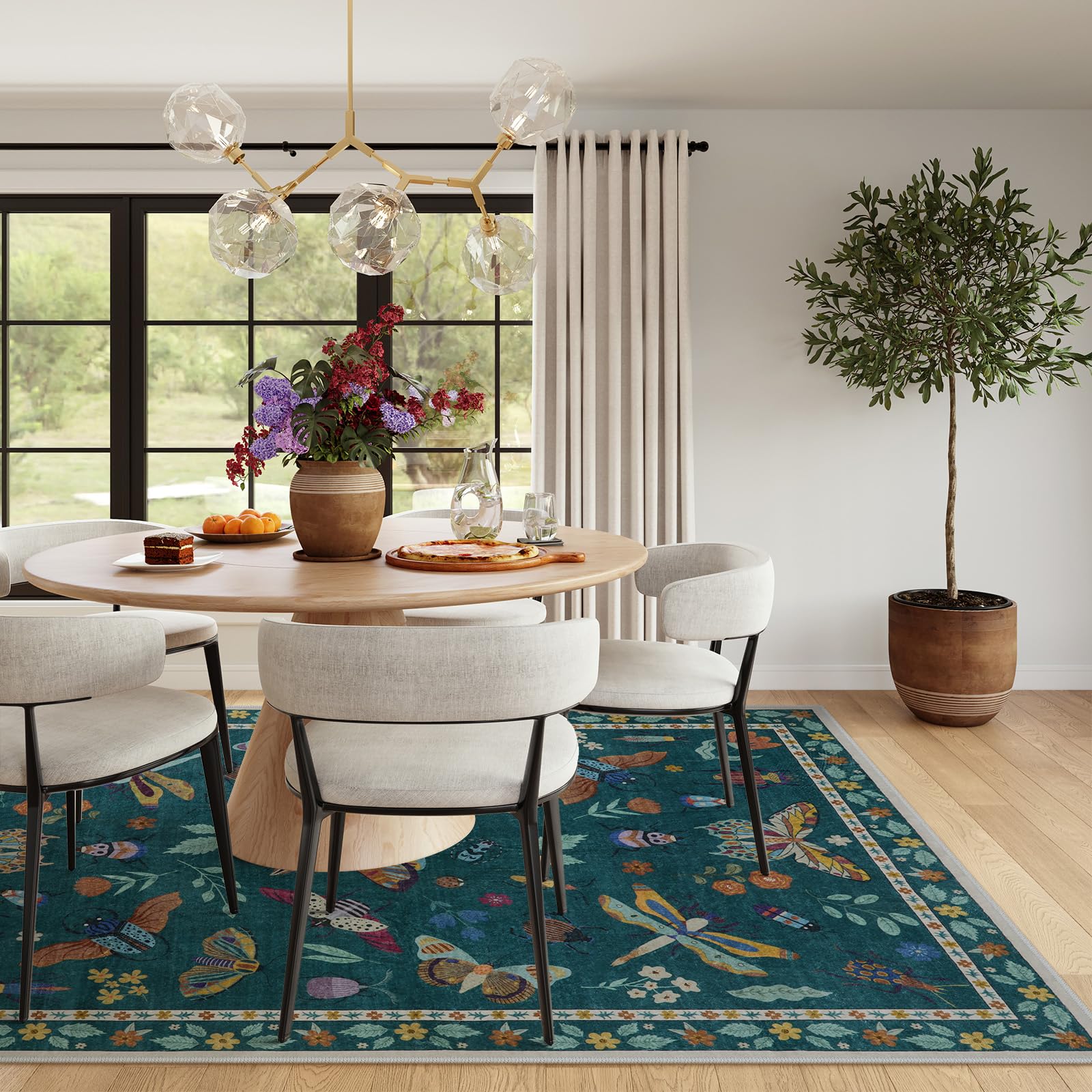 Lahome Insect Print Washable Area Rug 6x9 Feet - Soft Non-Slip Modern Rug for Living Room, Bedroom, Dining Room, Office & Nursery - Ultra-Thin Stain Resistant Large Carpet (Dark Green) | Perfect for Home Decor, Kids Play Area & Pet-Friendly Spaces