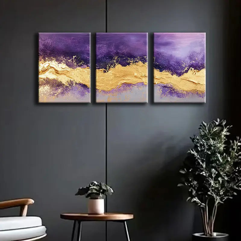 3pcs Purple and Gold Metal Wall Art Prints - Ready to Hang Modern Home Decor for Living Room, Bedroom & Office
