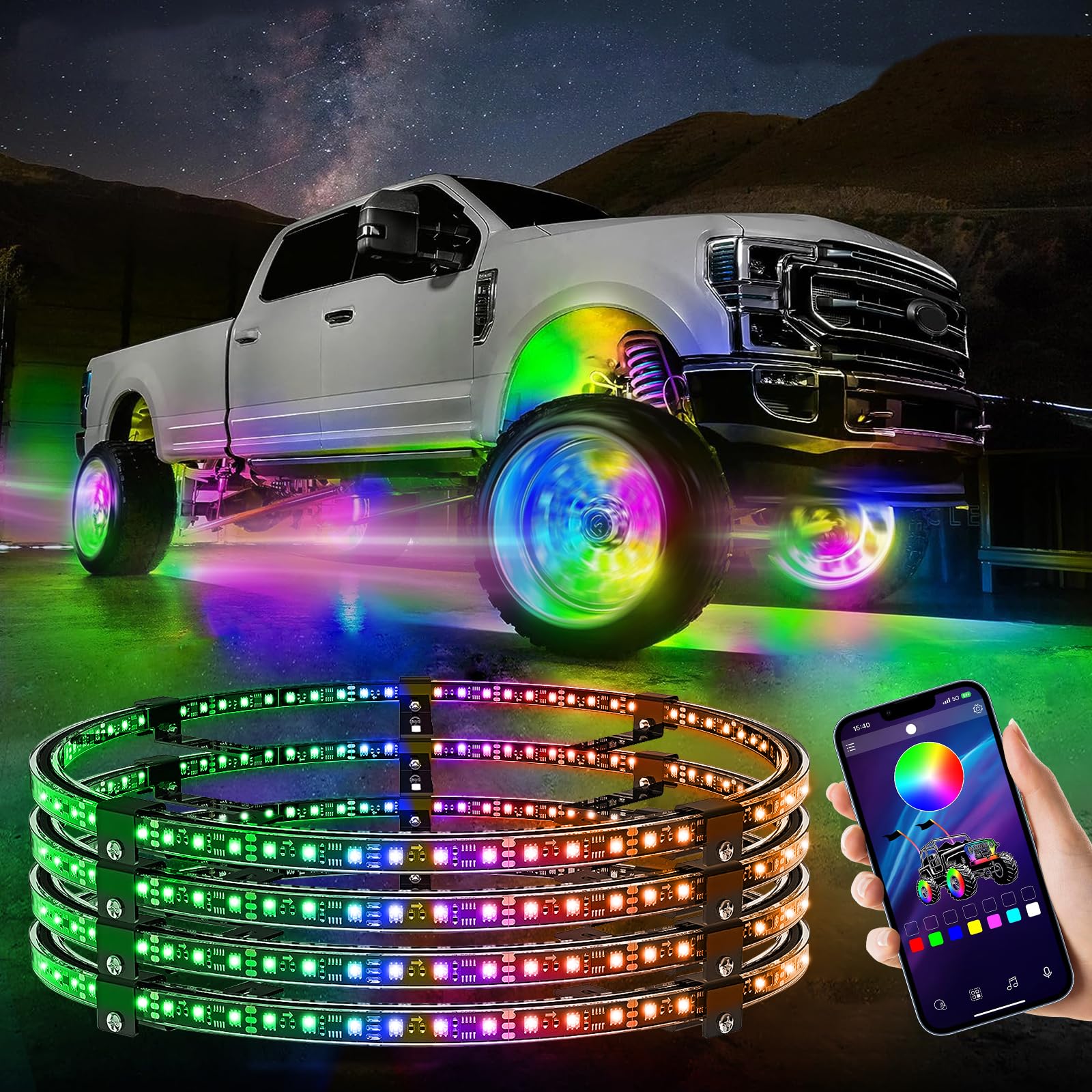 17 Inch LED Wheel Ring Lights for Cars & Trucks - Multiple Color Modes, Universal Fit (21-28 Inch Tires) - Enhance Night Driving & Customize Your Ride