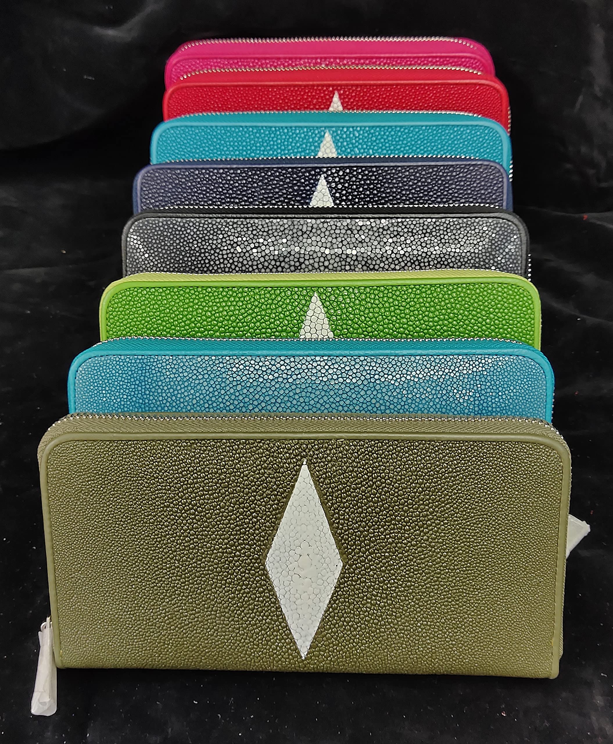 Genuine Stingray Skin Leather Long Wallet for Women - 2 Large Compartments, 1 Zip Pocket & 16 Card Slots - Stylish Zip Closure Wallet - Perfect for Everyday Use, Travel & Gift Giving