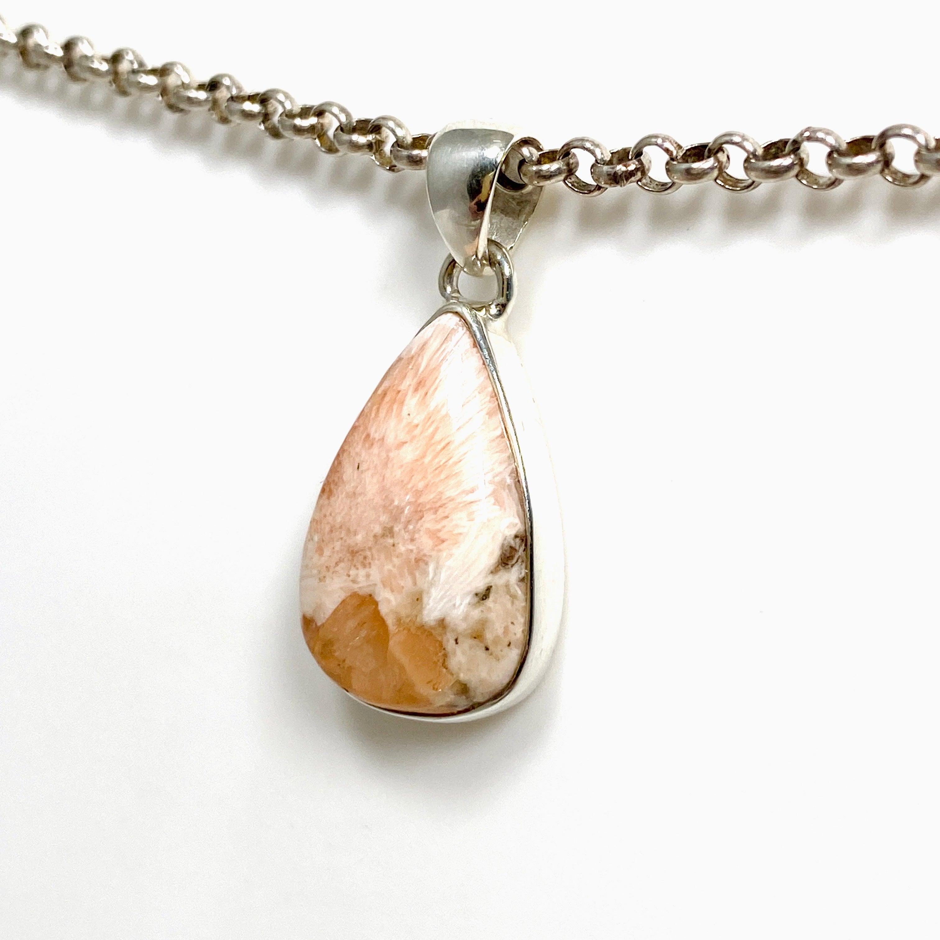 Natural Peach Scolecite Teardrop Pendant Necklace KPGJ4518 - Healing Crystal Jewelry for Meditation, Energy Balancing & Spiritual Growth