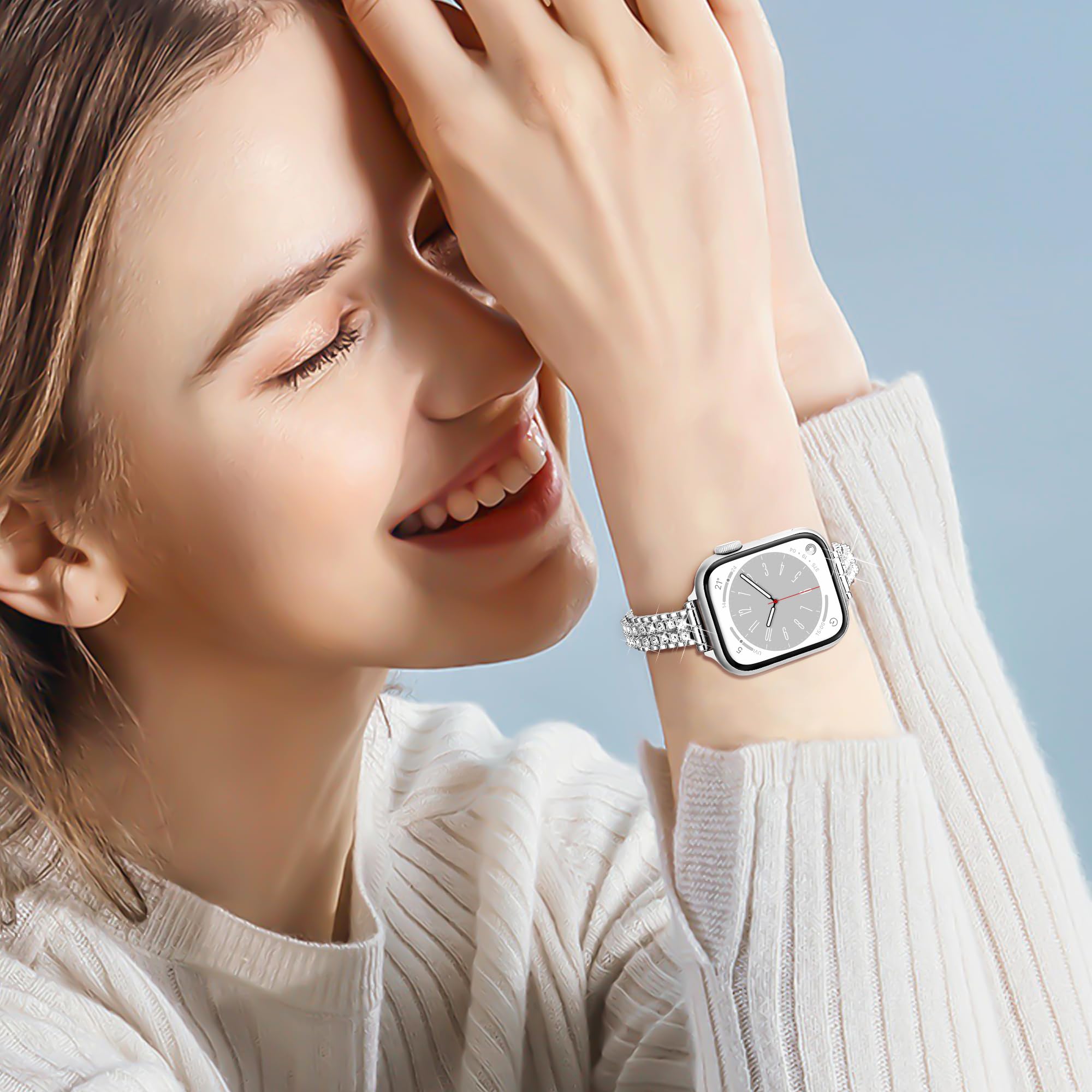 Sparkling Diamond Metal Apple Watch Band for Women - Slim Bling Strap Compatible with iWatch Ultra 2/1, Series 10/9/8/7/6/5/4/3/2/1 SE (38mm-49mm) - Perfect for Workouts, Parties & Everyday Fashion