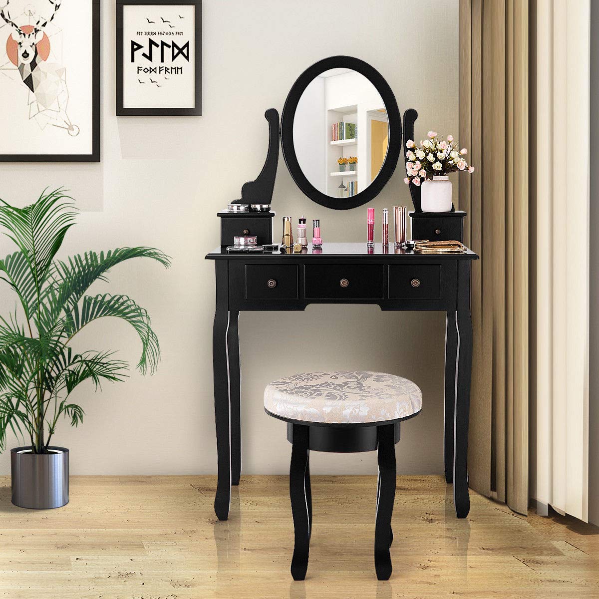 Giantex Vanity Makeup Table Set with Swivel Mirror & Cushioned Stool - 5 Drawer Dressing Table for Bedroom, 360° Rotating Wooden Vanity Desk (Black) - Perfect for Makeup Organization, Dressing Room & Small Space Decor