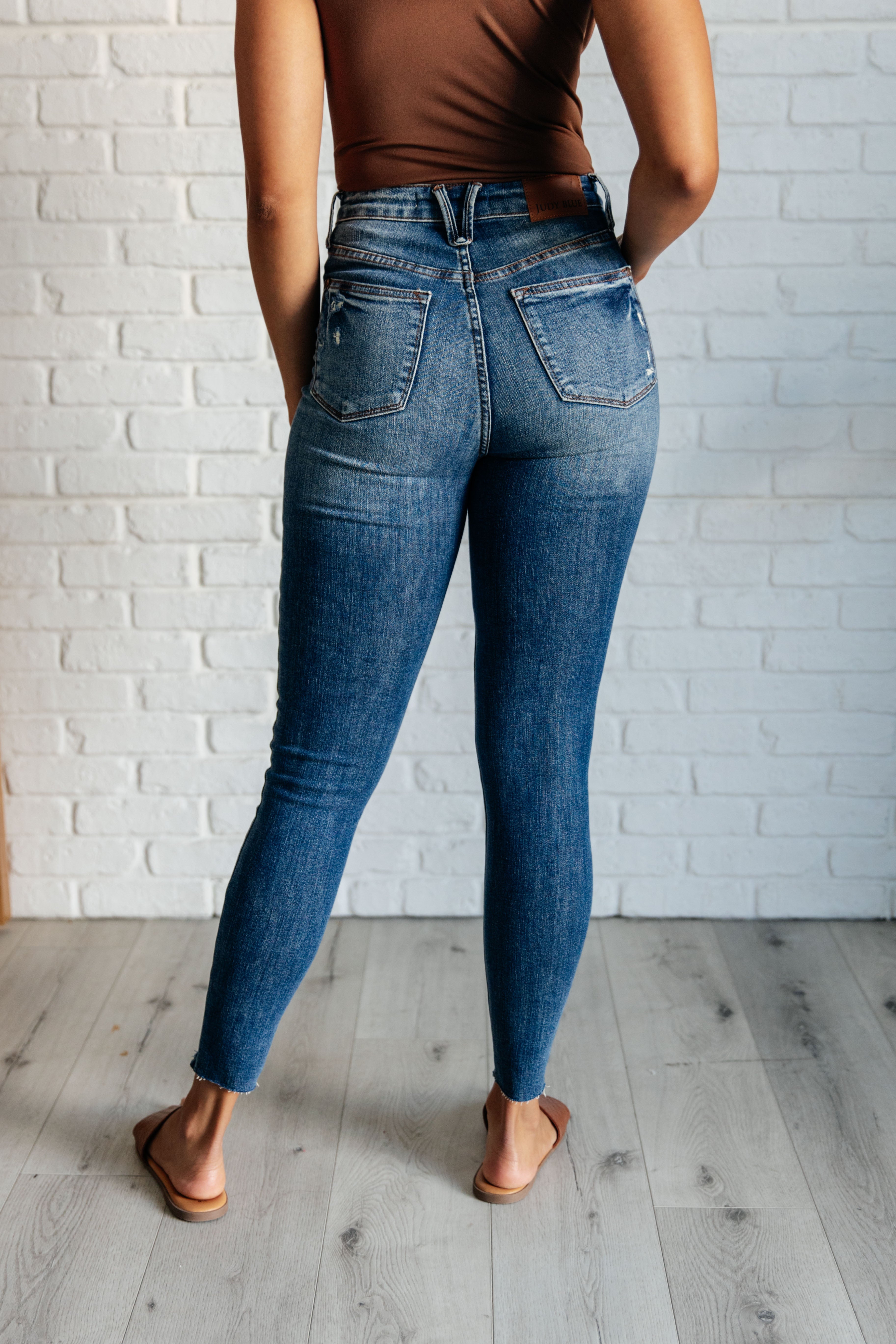 Alba High Rise Control Top Distressed Hem Skinny Jeans for Women - Slimming Stretch Denim Pants with Vintage Wash (Perfect for Casual Outings, Date Nights & Street Style Fashion)