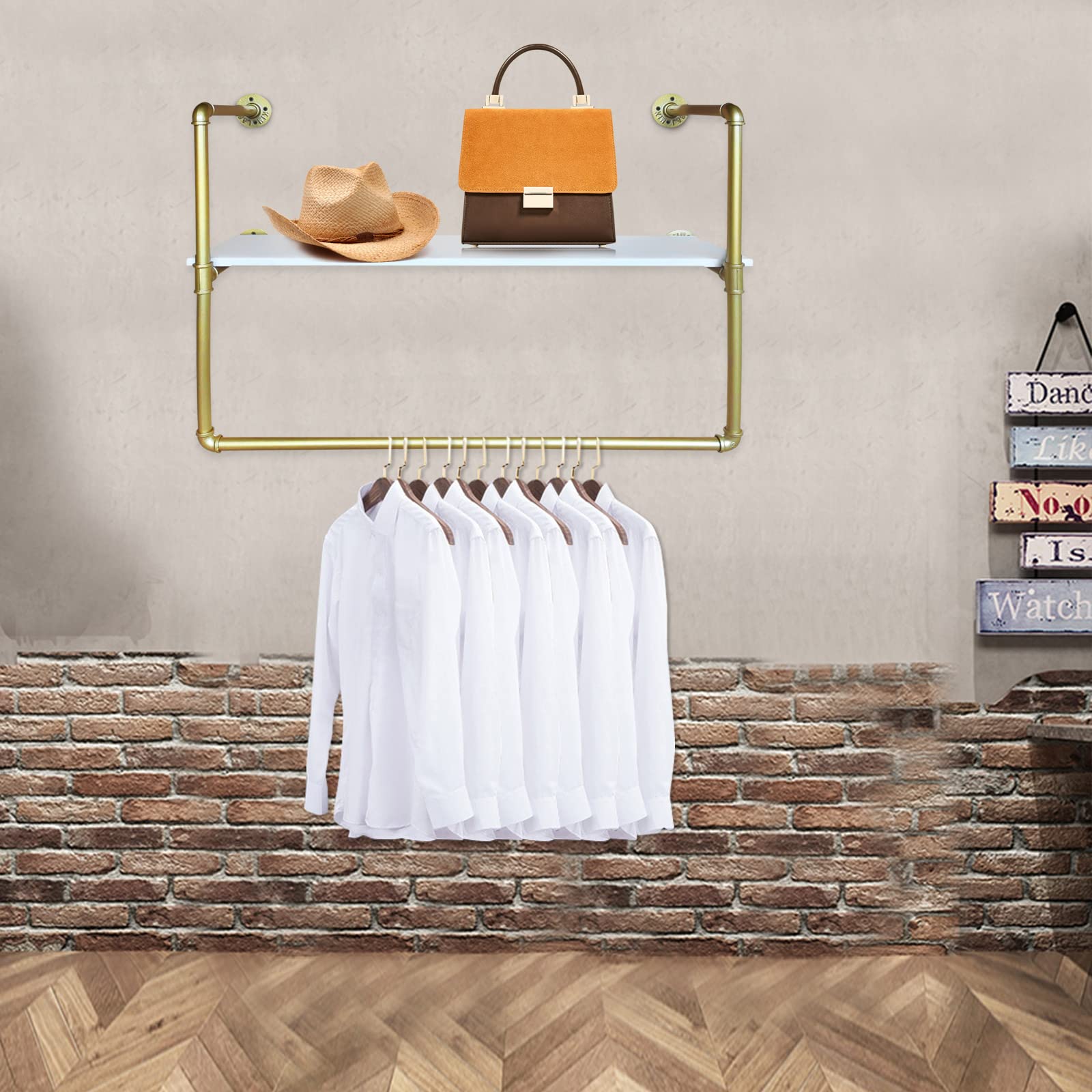 TBVECHI Industrial Clothes Rack - Heavy Duty Pipe Garment Rack with Detachable Mounting, Gold Metal Clothing Display for Closet Storage & Retail Shop Organization - Perfect for Bedroom, Laundry Room and Boutique Store Display