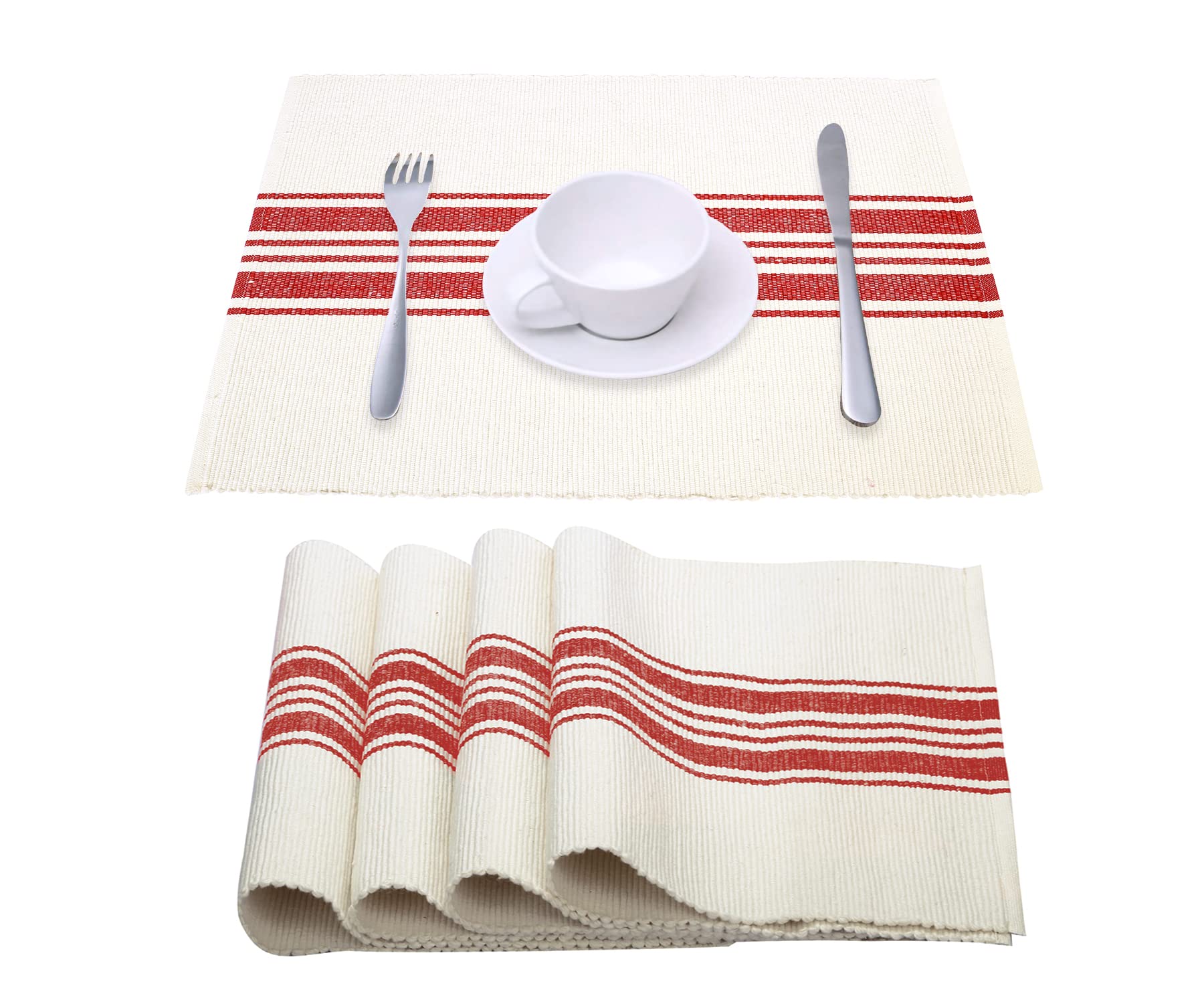 Red & White Striped Cotton Placemats Set of 4 - 100% Cotton Ribbed Placemats for Dining Table (13