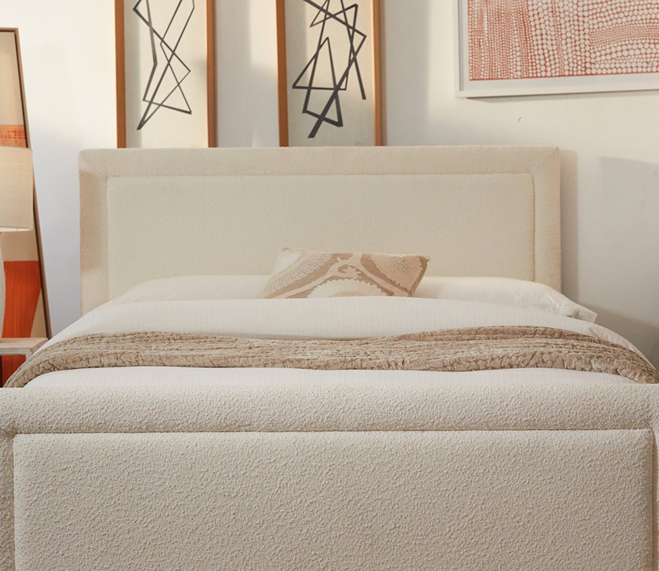 CM Home Dover Boucle Upholstered Bed - Queen Size Modern Platform Bed Frame with Soft Fabric Headboard for Bedroom, Living Room & Guest Room