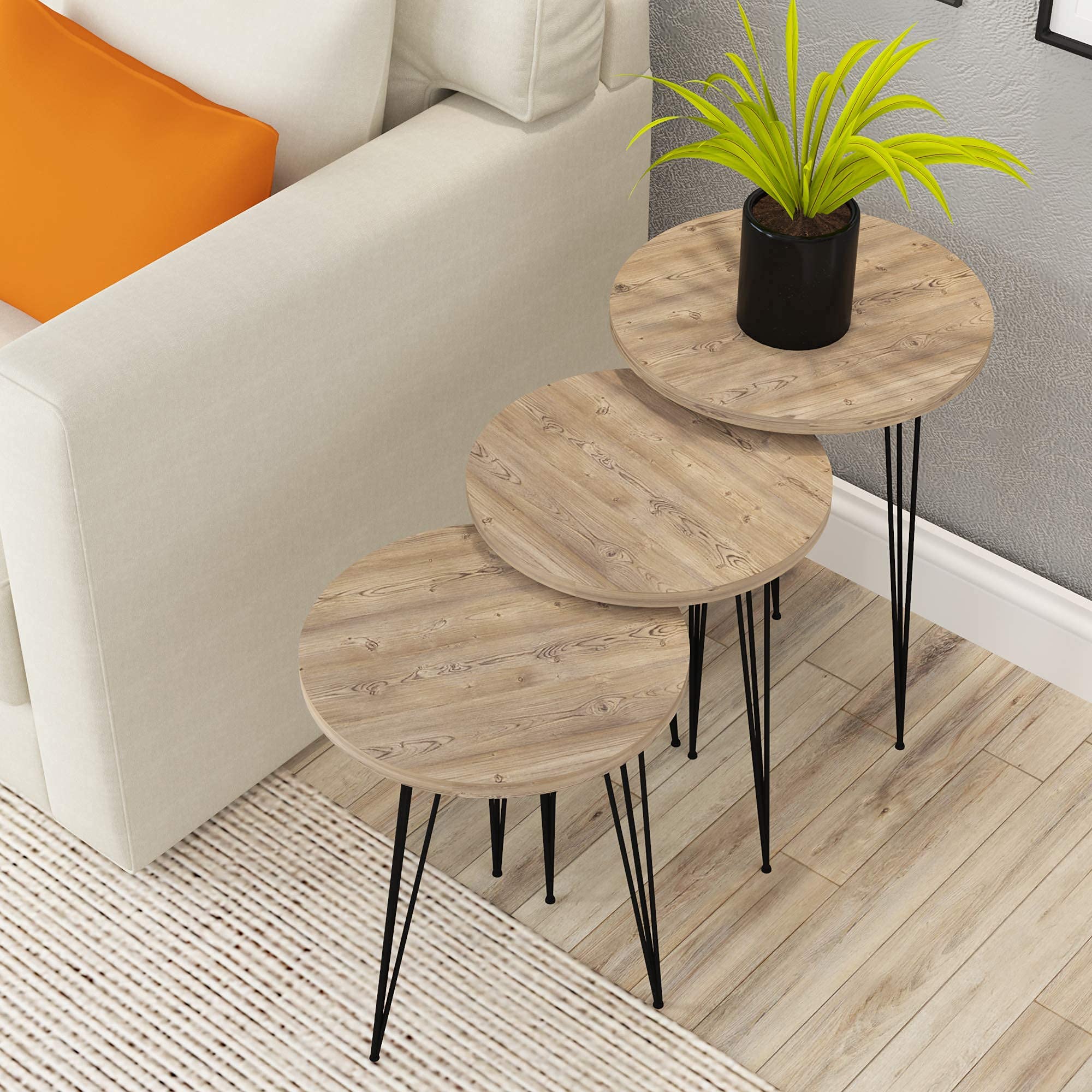 PAK HOME Set of 3 Round Grey Pine Wood Nesting End Tables with Metal Legs - Stackable Coffee Side Accent Tables for Living Room, Bedroom Nightstand & Home Office - Perfect for Small Spaces, Apartment Decor & Modern Furniture Arrangement