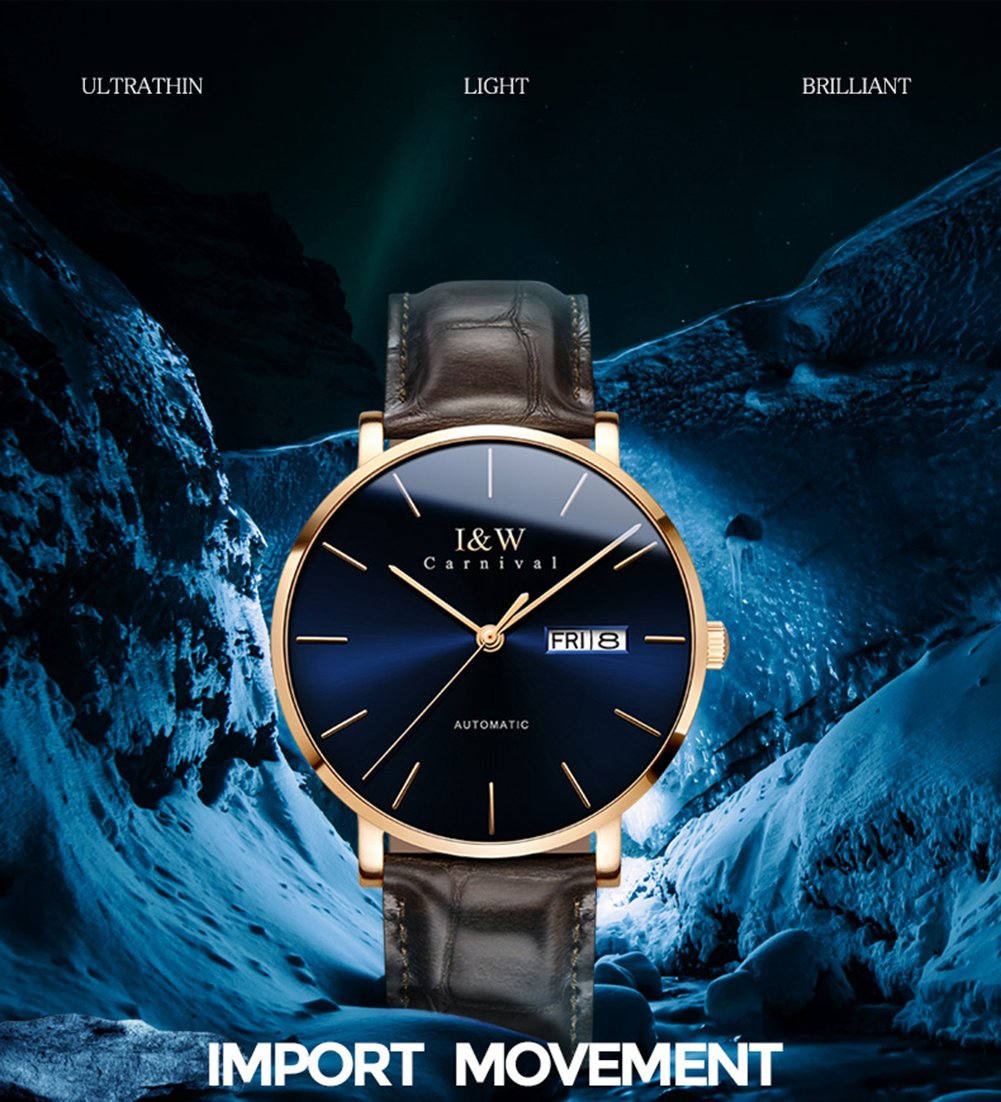 MASTOP Ultra-Thin Automatic Men's Watch with Sapphire Glass, Date Display & Waterproof - Genuine Brown Leather Strap - Perfect for Business, Casual & Formal Occasions
