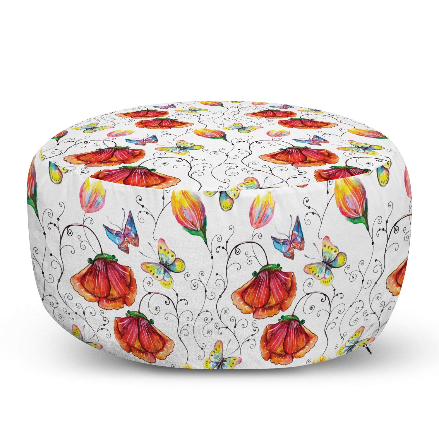 Ambesonne Floral Ottoman Pouf - Watercolor Botanical Foot Rest with Removable Cover for Living Room & Bedroom - Summer Home Decor Accent | Perfect for Lounging, Reading Nook, and Extra Seating