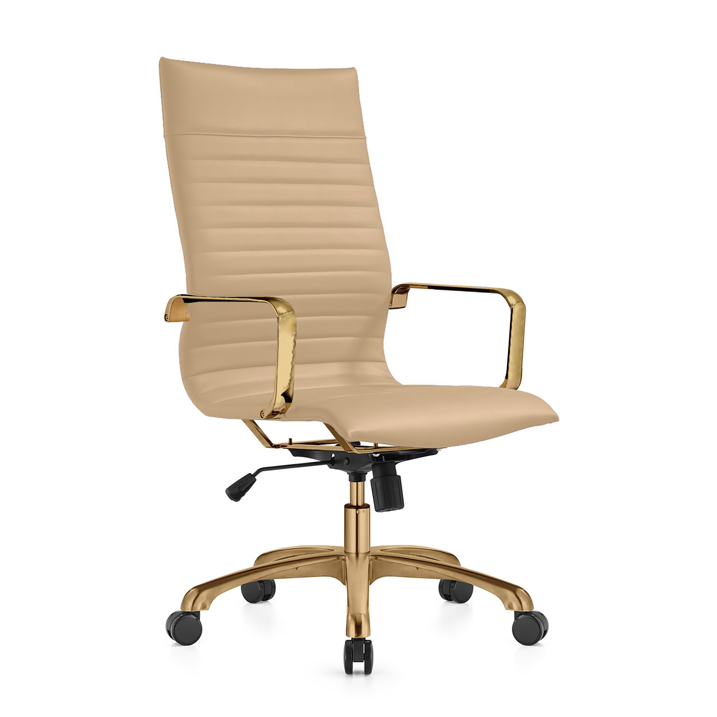 LeisureMod Harris High-Back Office Chair - Modern Leather Executive Chair with Gold Frame & 360 Swivel, Ergonomic Ribbed Design for Home Office, Study & Workspace | Perfect for Long Work Hours & Video Conferencing