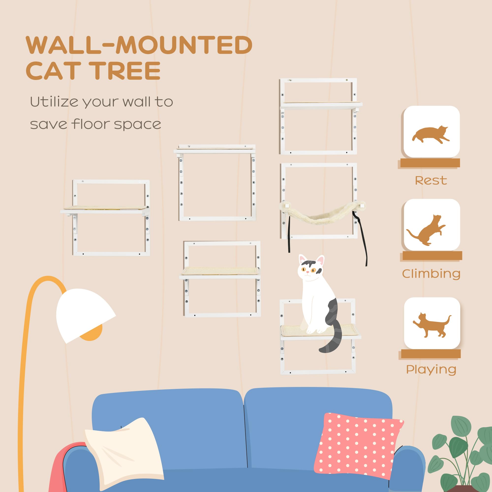 **PawHut 6-Piece Modern Cat Wall Shelves Set - Adjustable Height Cat Perches, Jumping Platforms & Hammock for Indoor Cats - Cream White - Perfect for Small Spaces & Cat Play Areas**