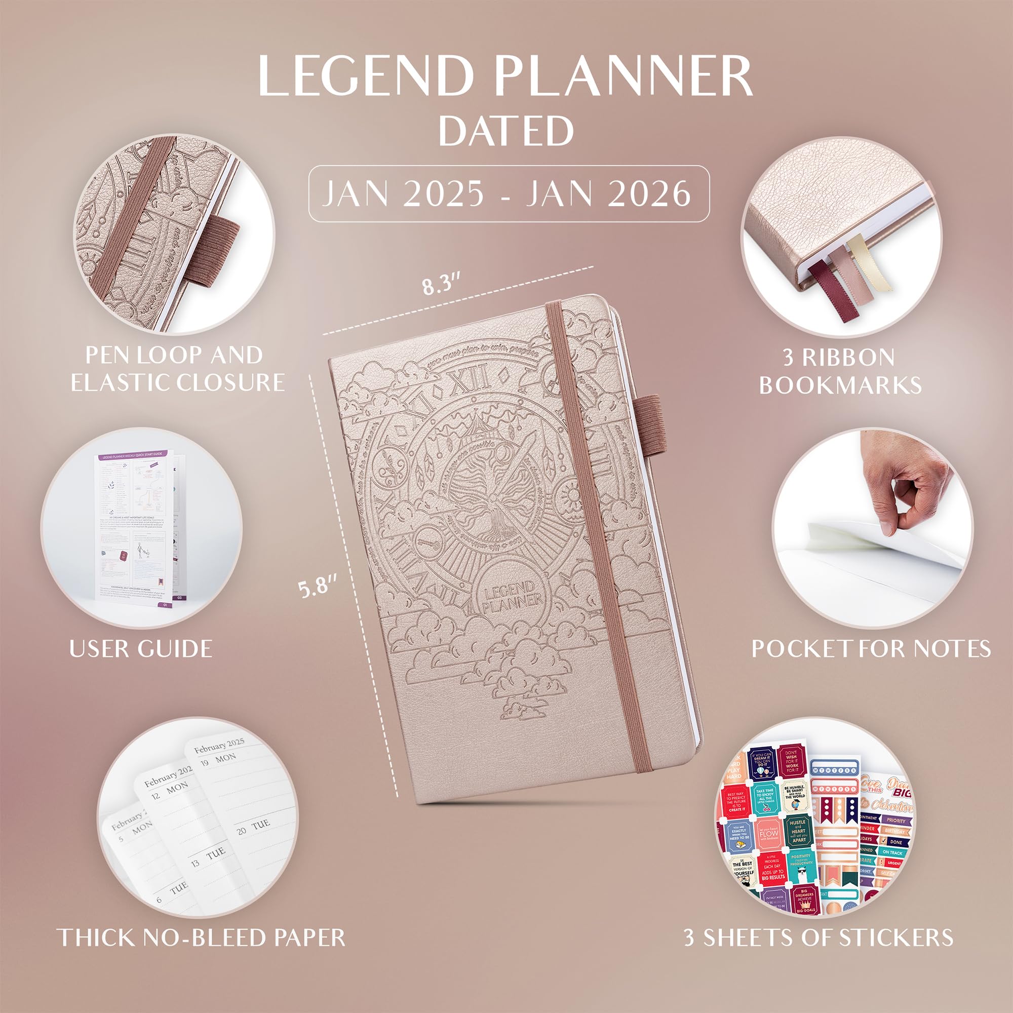 Legend Planner 2025-2026: Dated Weekly & Monthly Goal Planner - A5 Hardcover Productivity Journal & Organizer Notebook (Rose Gold) for Work, School & Personal Success