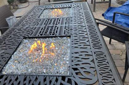 7-Piece Patio Bar Set with Double Burner Fire Pit Table & 6 Nassau Barstools - Durable Cast Aluminum Outdoor Furniture for Backyard, Deck, or Garden Entertaining