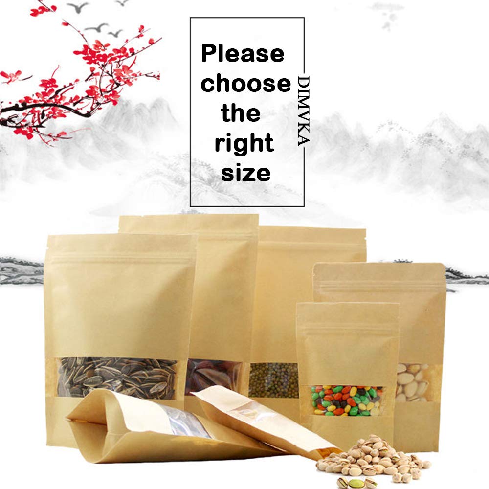 100 Pcs Resealable Kraft Paper Bags with Window - 4.7