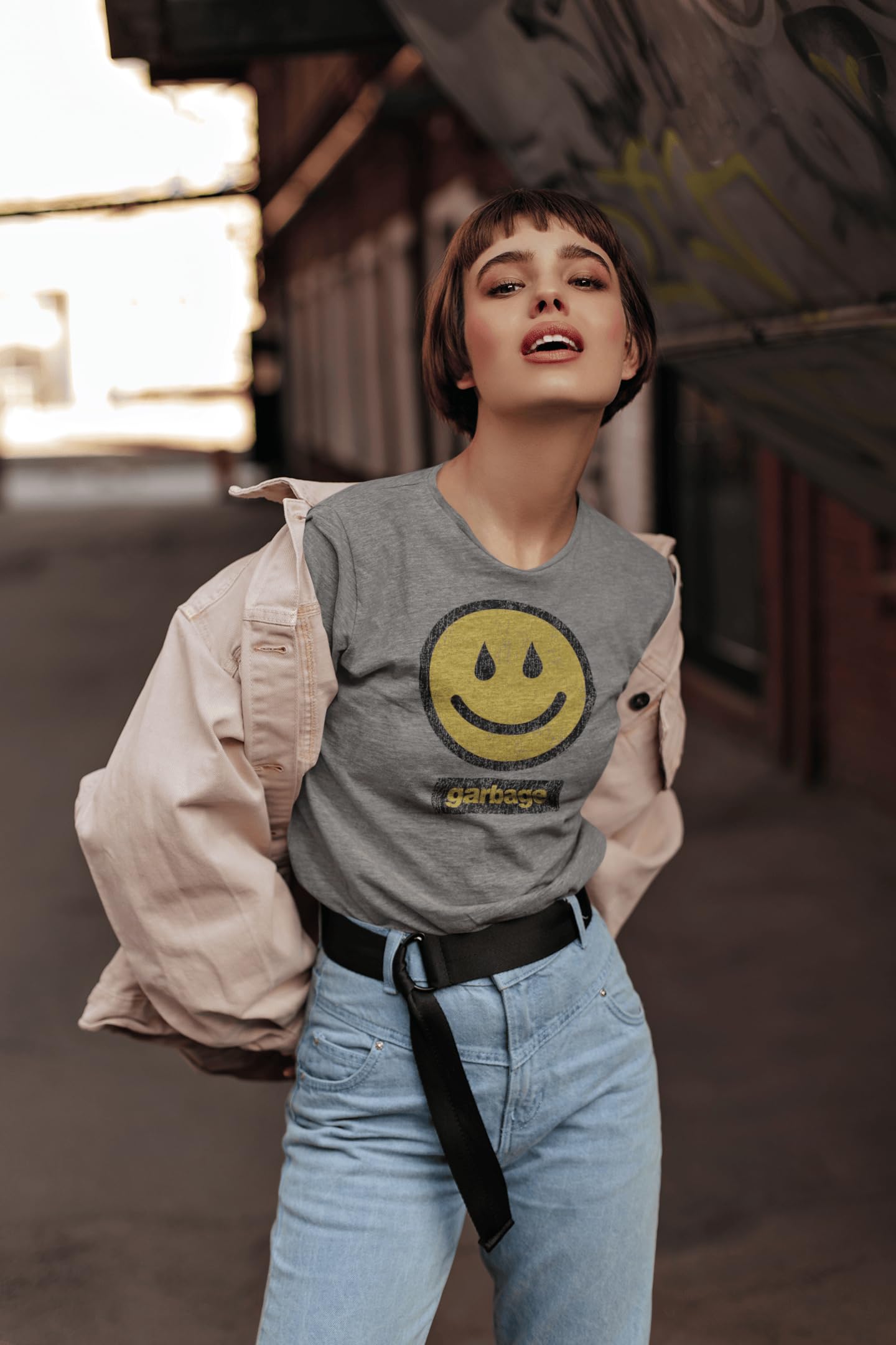 Garbage Rock Band Smile Face Graphic T-Shirt for Adults - Cool Vintage Band Tee for Concerts, Casual Wear & Music Lovers