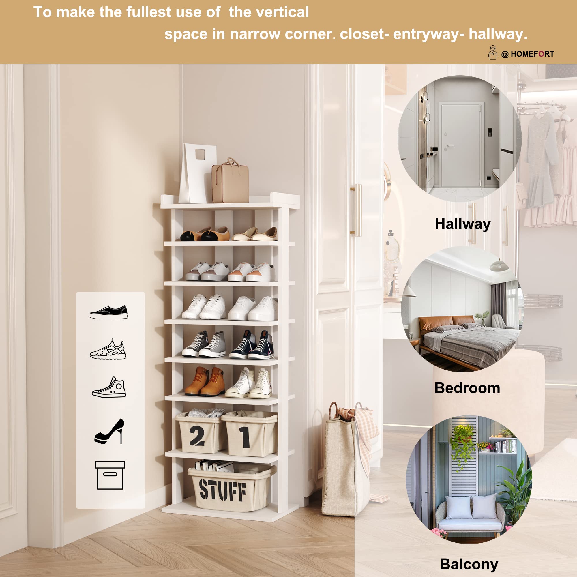 HOMEFORT 7-Tier Wooden Shoe Rack Organizer - Double Row Shoe Storage Shelf for Entryway, Closet & Bedroom - Space Saving Vertical Shoe Tower for Narrow Spaces - Perfect for Hallway, Mudroom & Apartment Organization (White)