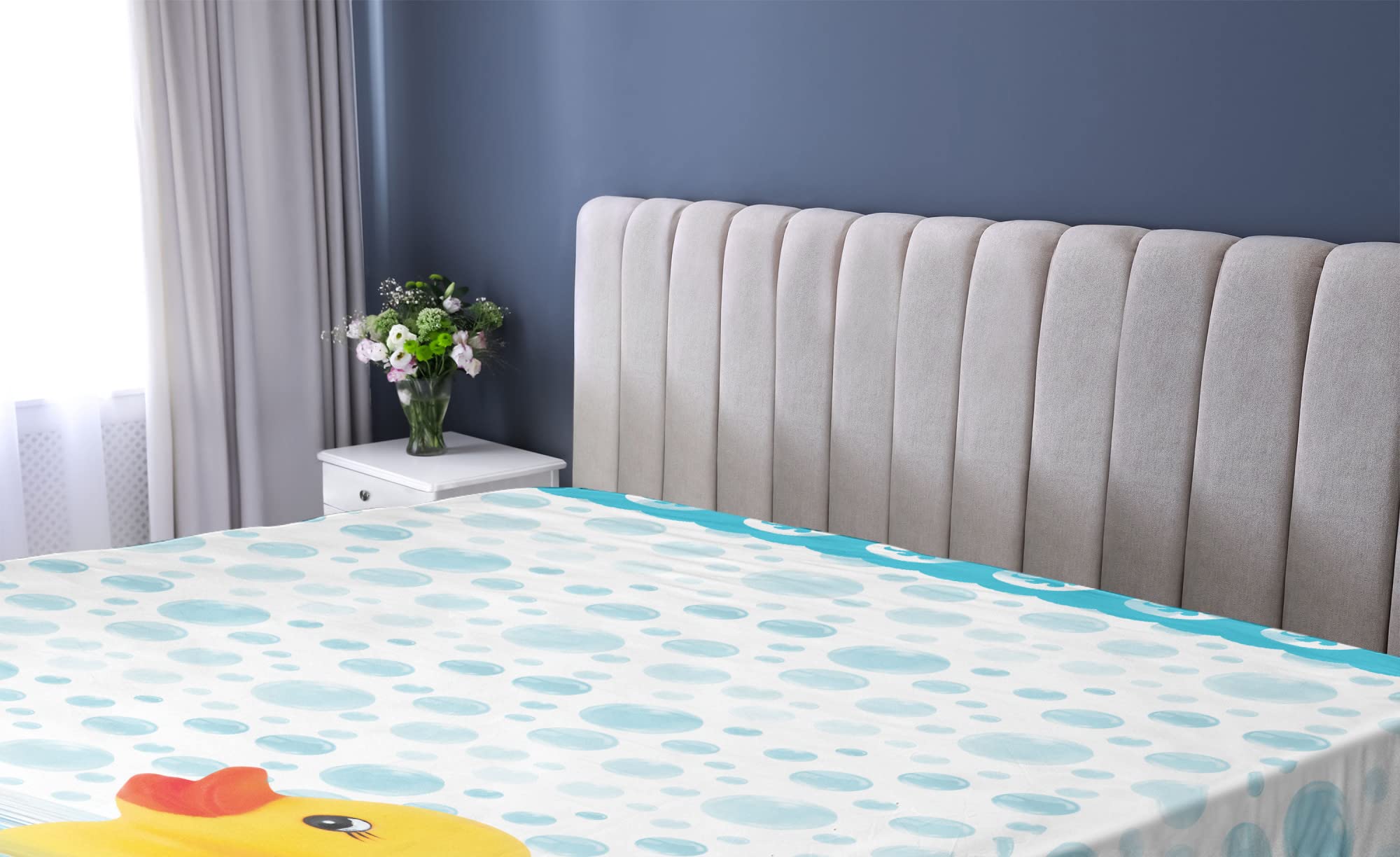 Ambesonne Yellow Duck Fitted Sheet - Queen Size Waterproof Bedding with Fun Swimming Rubber Duck Print, All-Around Elastic Deep Pocket for Mattress (Sky Blue/Yellow/White) - Perfect for Kids' Rooms, Beach Themed Decor & Whimsical Bedroom Designs