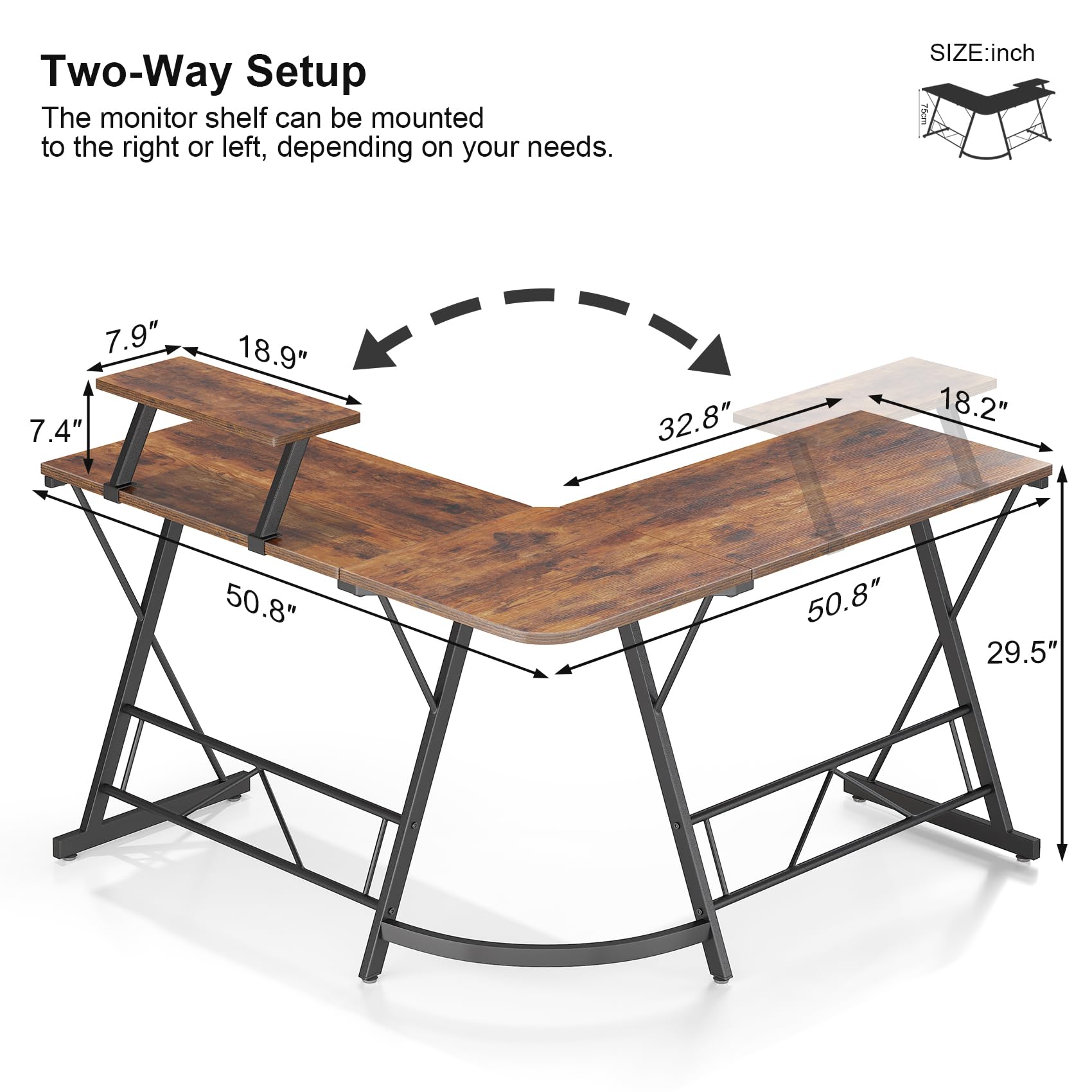 Ironstone L-Shaped Computer Desk - 51 Inch Corner Desk for Home Office, Gaming & Writing Workstation with Large Monitor Stand | Easy Assembly Rustic Brown | Perfect for Small Spaces & Multi-Monitor Setups