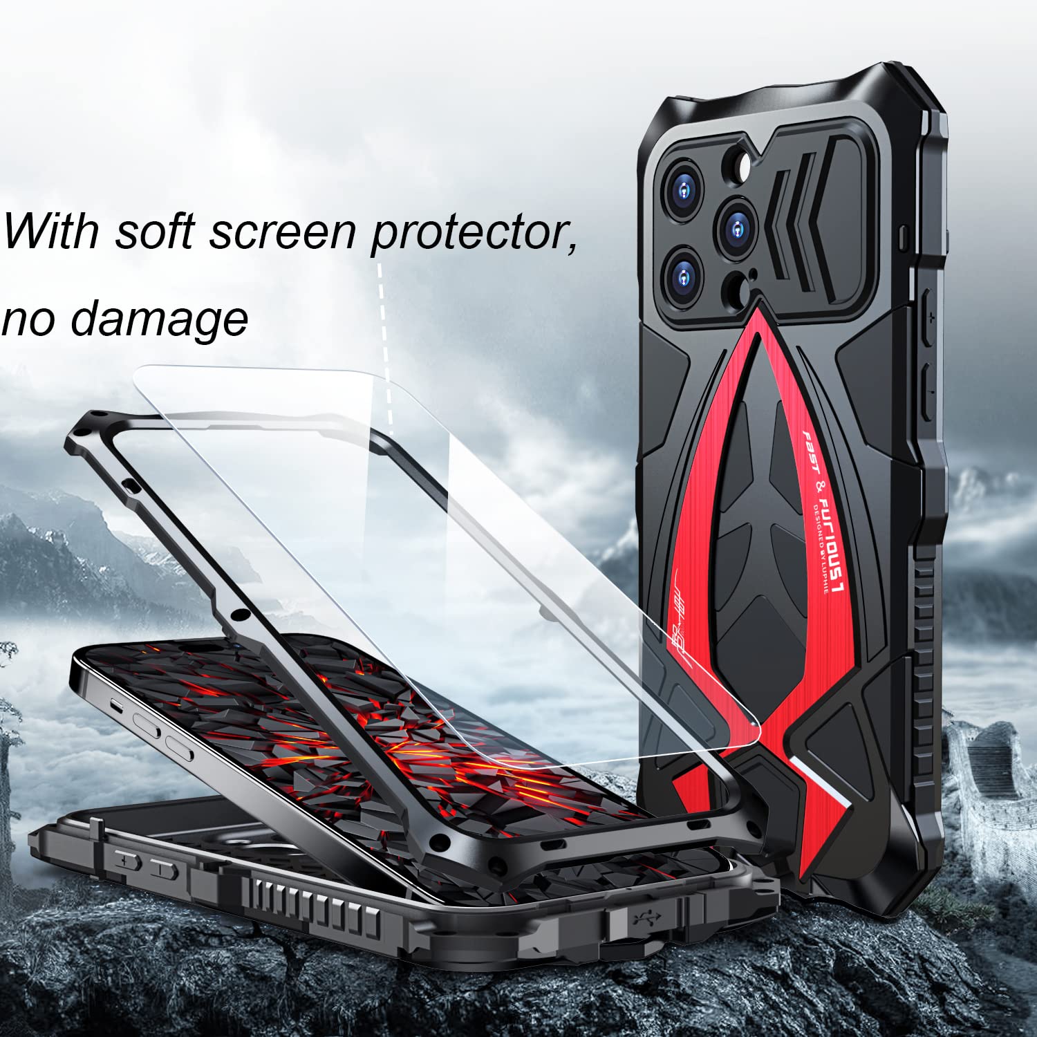 Lunivop Heavy Duty iPhone 15 Pro Max Case - Military Grade Rugged Protection with Metal Bumper & Shockproof Rubber Cover | Full Body Armor Phone Case for Men (Black/Red, 2023 Model) | Perfect for Outdoor Adventures, Construction Work & Extreme Sports Protection