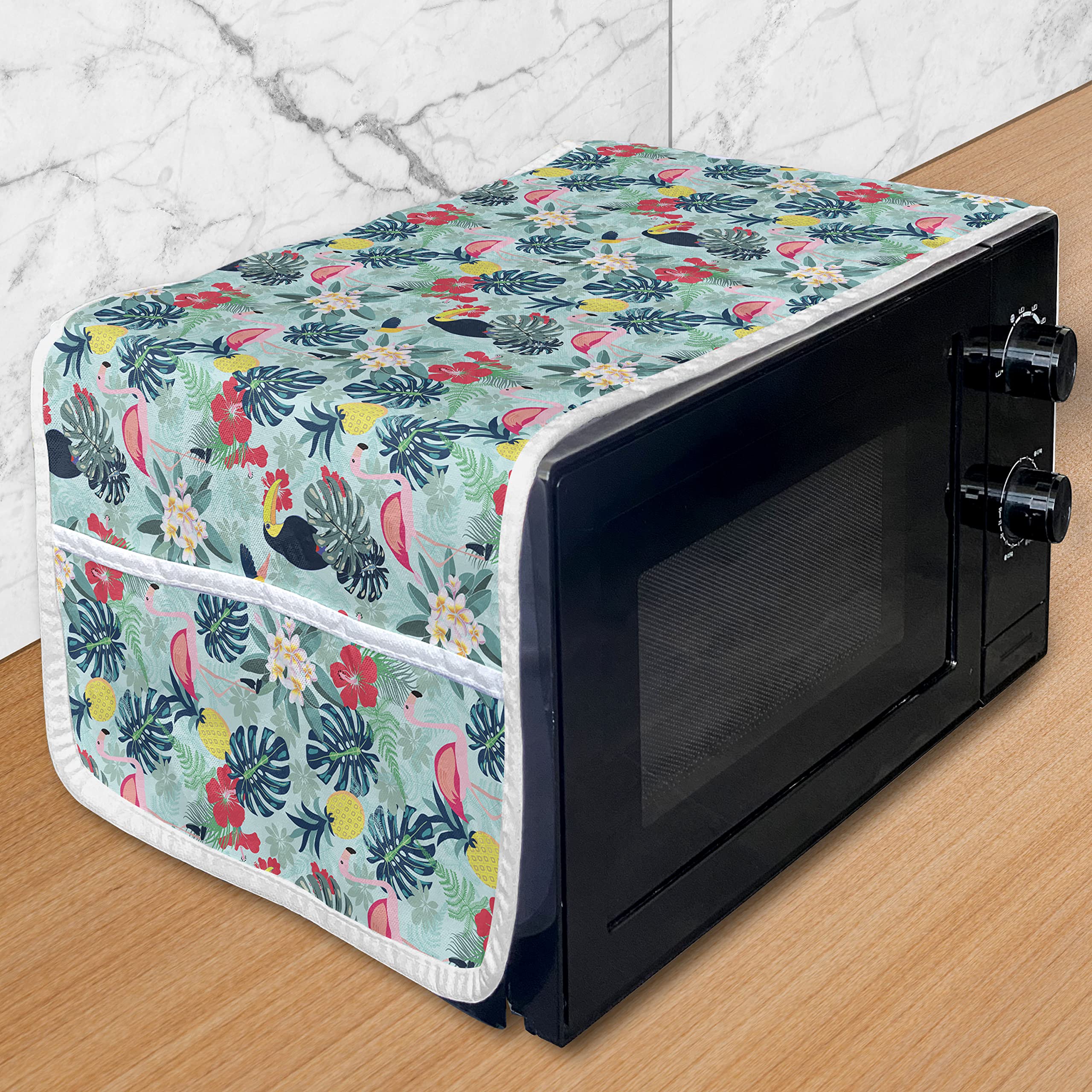 Ambesonne Tropical Microwave Cover - Waterproof Flamingo Pineapple Toucan & Monstera Leaves Design - 36