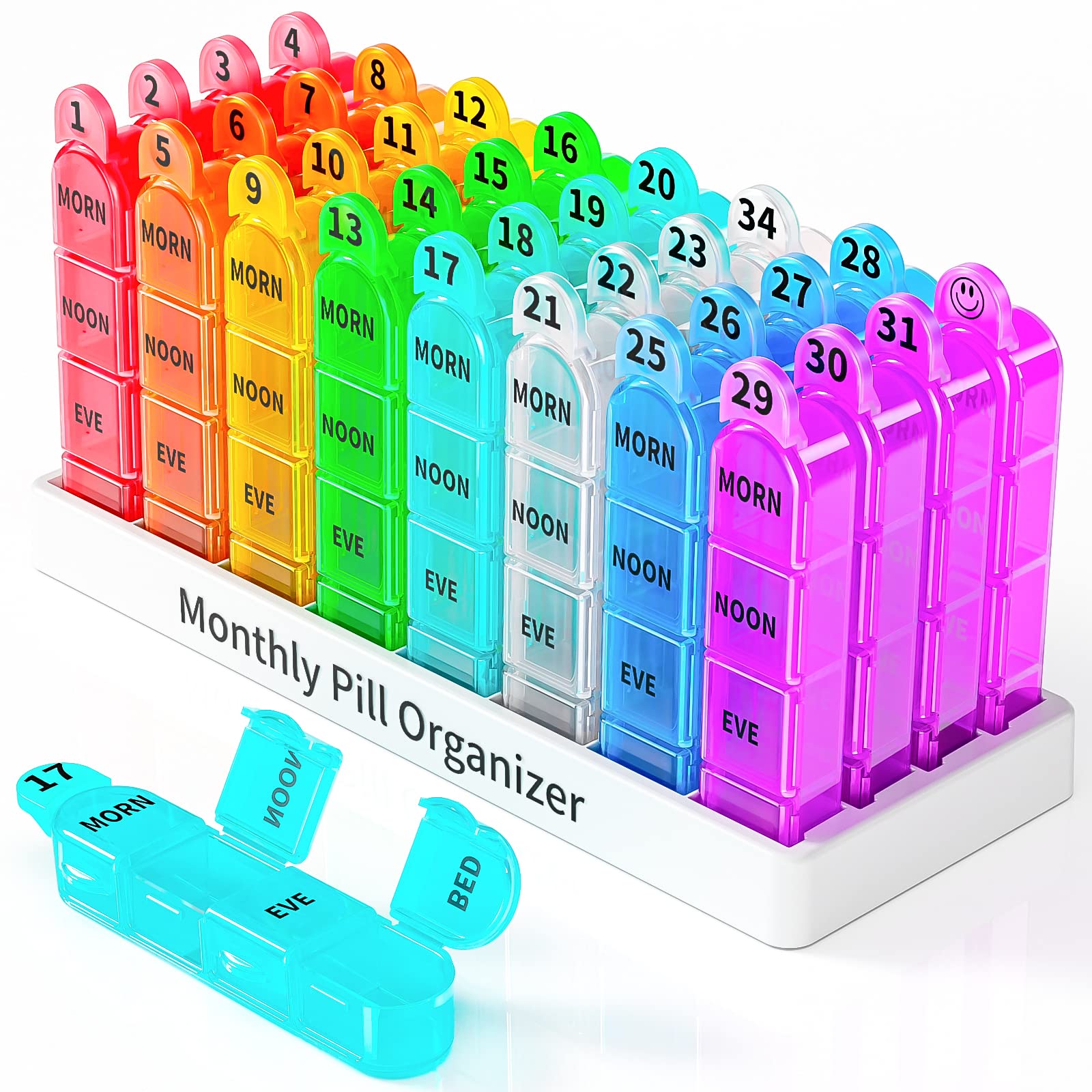 Odaro 30-Day Monthly Pill Organizer Box - 4 Times a Day Medication Dispenser with 120 Compartments, Portable Rainbow Pill Case for Vitamins & Supplements - Perfect for Travel, Home Use, and Daily Medication Management