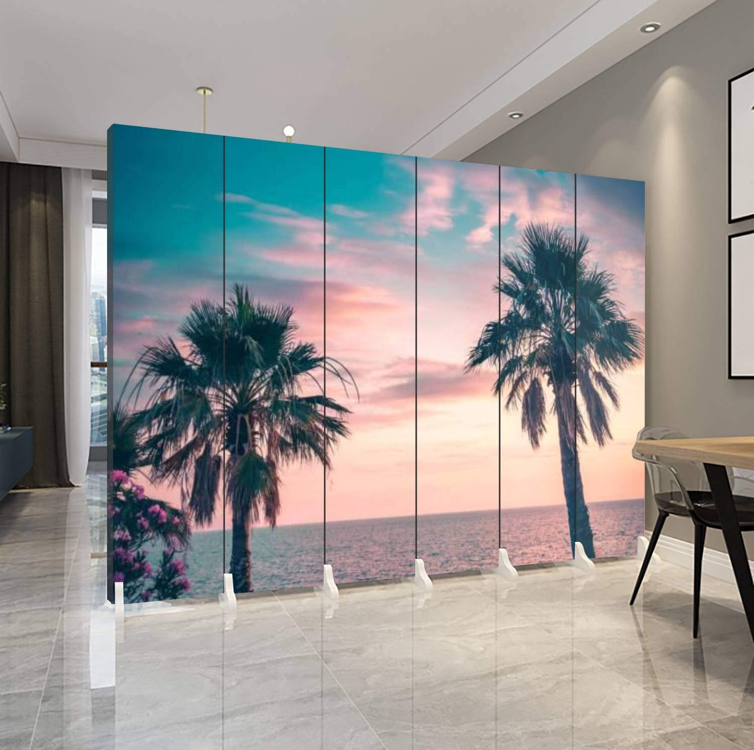 6 Panel Folding Room Divider - Tropical Palm Tree Sunset Canvas Privacy Screen for Bedroom, Office & Living Room | Freestanding Indoor Partition Wall with Nature Scenery | Perfect for Home Decor, Yoga Space & Nursery Separation