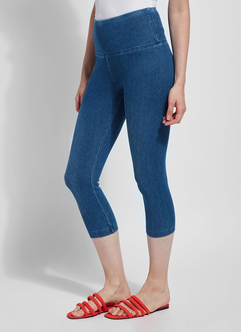 Lyssé Women's Plus Size Denim Capri Leggings - Stretchy Soft Jeggings in Mid Wash (Size 2X) | Comfortable Casual Wear for Everyday Outfits & Summer Fashion