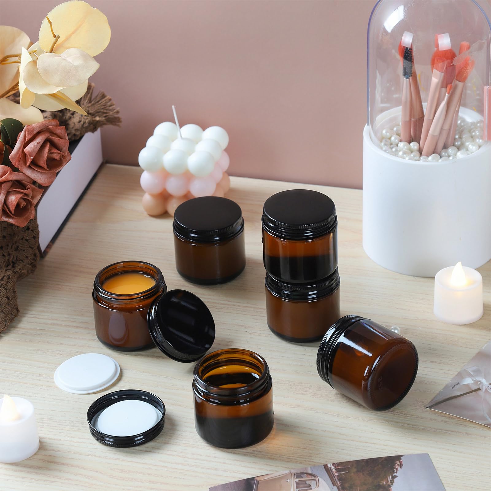 12 Pack 2oz Amber Glass Jars with Airtight Lids - Small Cosmetic Containers for Lotion, Cream, Salve & DIY Skincare - Travel-Friendly Empty Jars for Candle Making, Essential Oils & Beauty Products