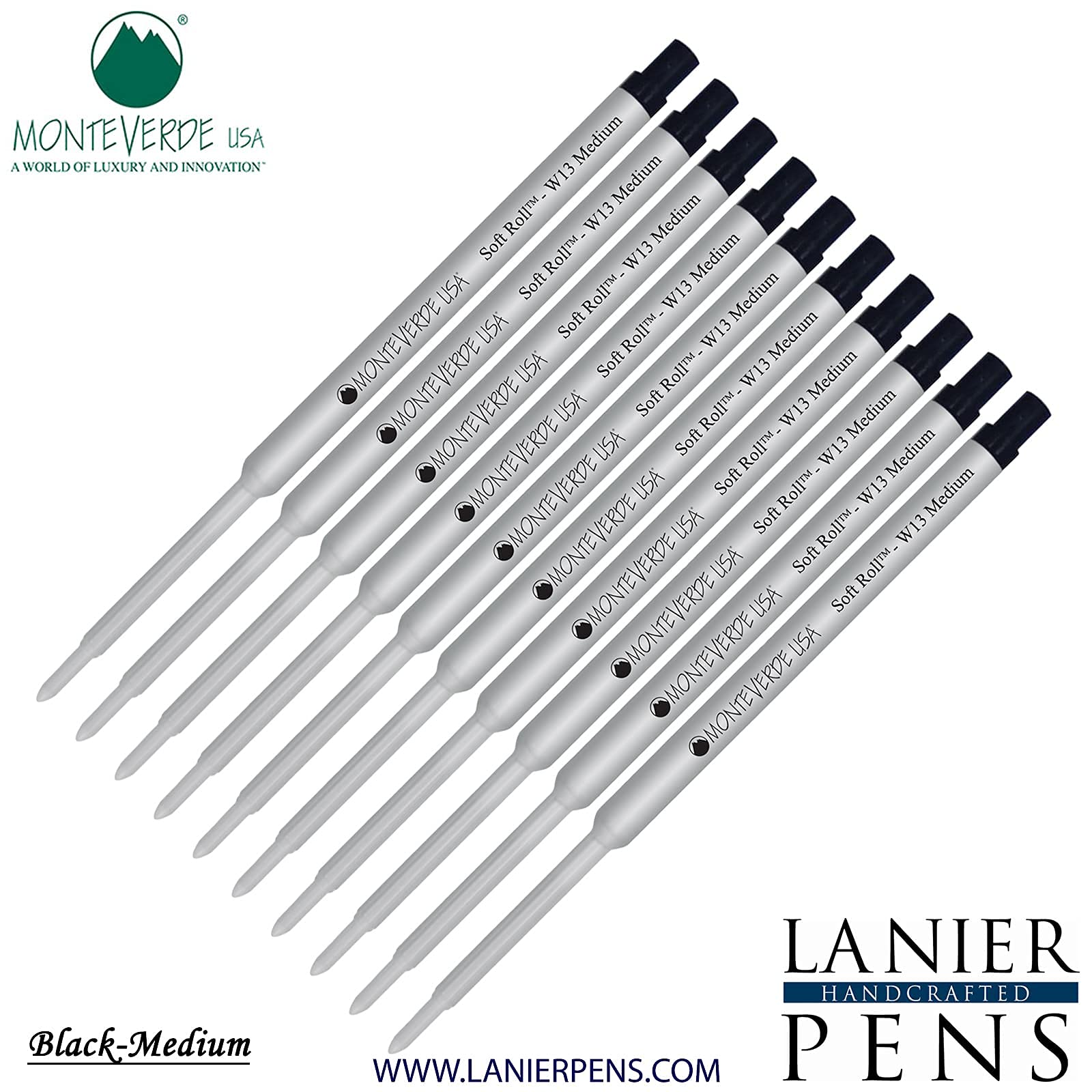 Monteverde Soft Roll Ballpoint Ink Refills 10-Pack - Compatible with Waterman Style Pens - Black Medium Tip 0.7mm - Smooth Writing for Office, School & Daily Use