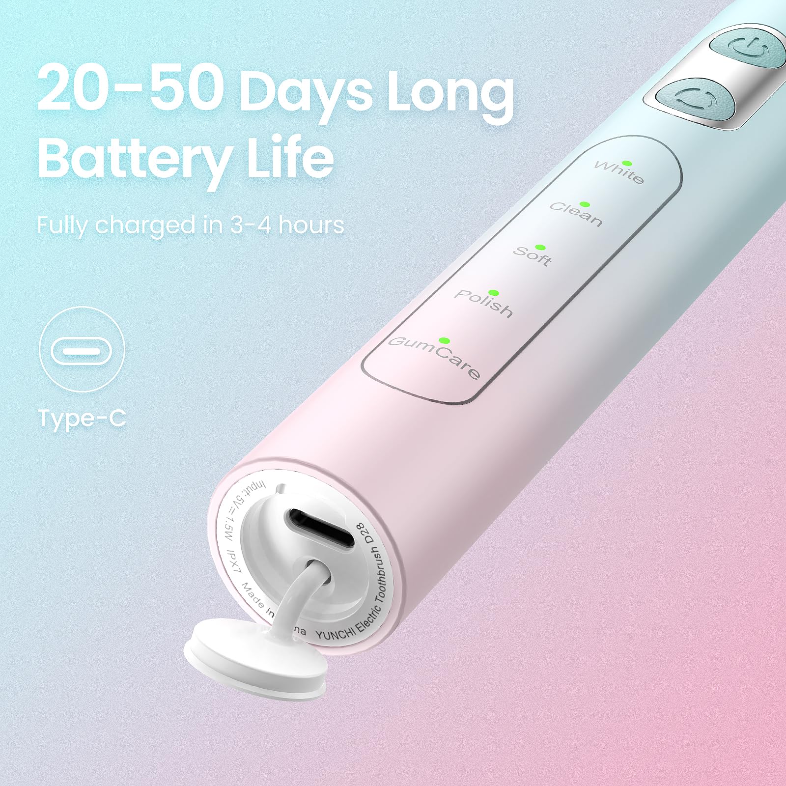 YUNCHI Sonic Electric Toothbrush for Adults & Kids - Rechargeable Toothbrush with 5 Cleaning Modes, 2-Minute Smart Timer & Travel Case - Pink & Blue Gradient - Perfect for Home, Travel & Family Oral Care