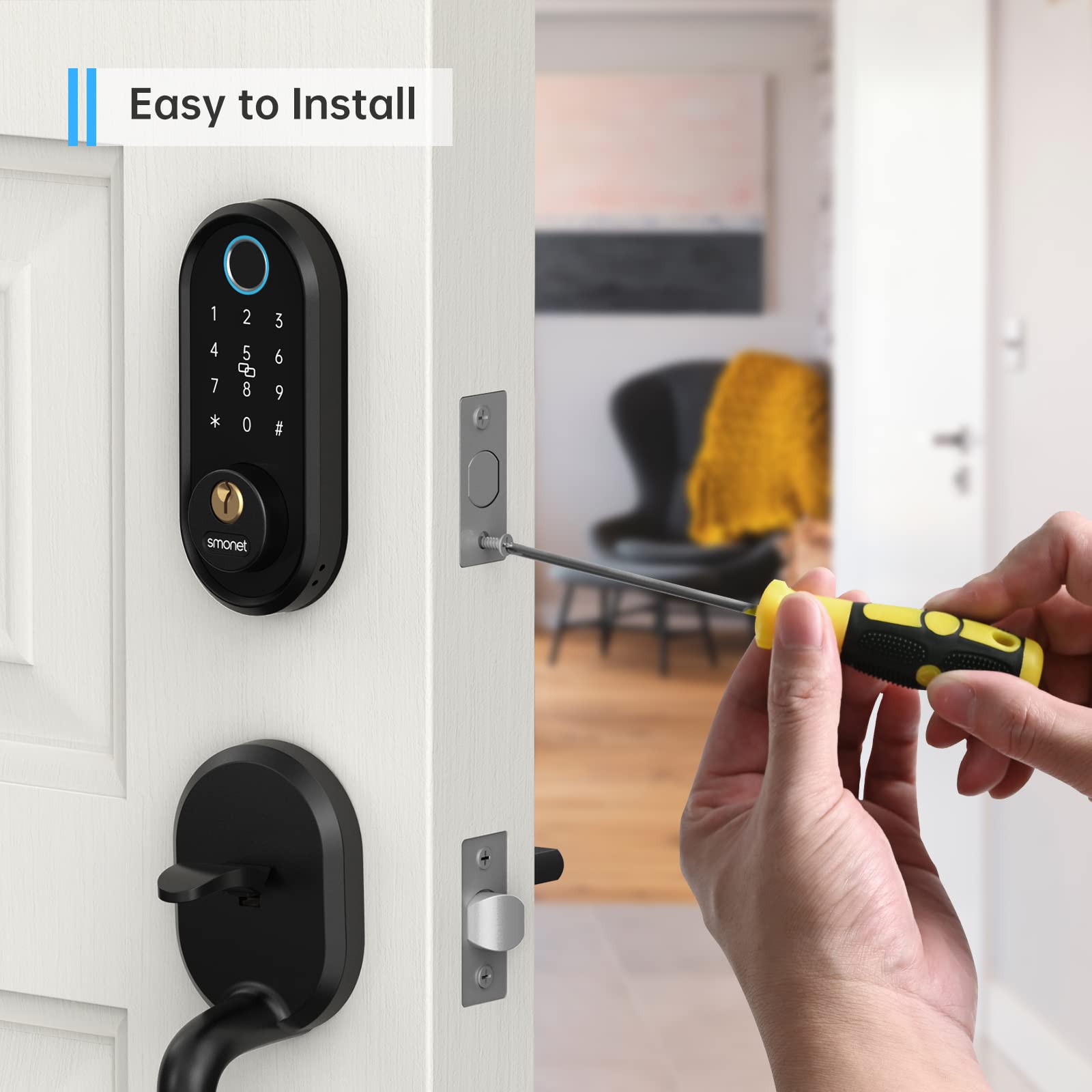 SMONET WiFi Smart Lock - Keyless Entry Fingerprint Door Lock with Biometric Scanner, Smartphone App Control, Auto Lock, Bluetooth & Alexa Compatible - Perfect for Home Security & Smart Home Automation