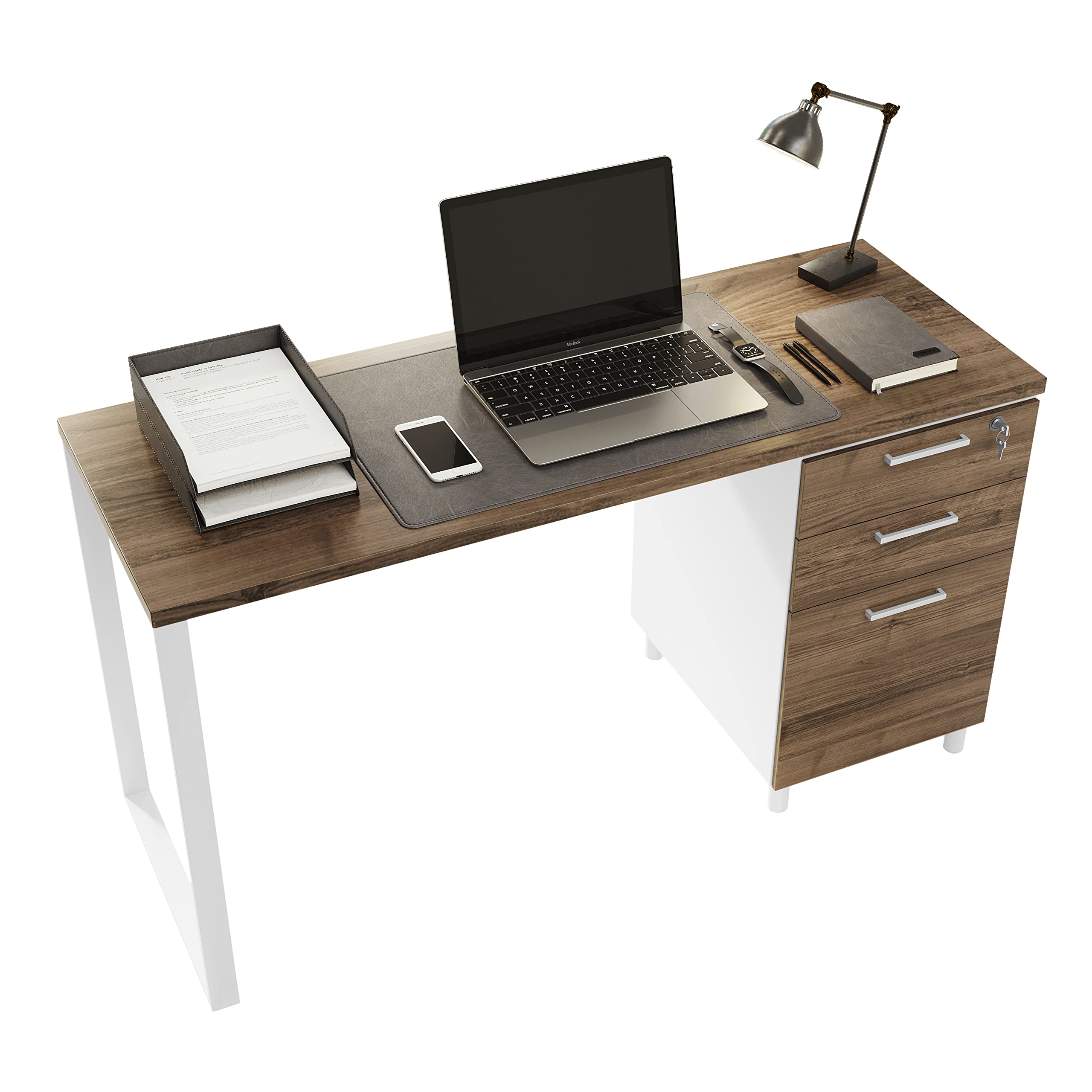 Modern Milano Office Desk with 3 Locking Drawers - 48 Inch White & Walnut Computer Desk with Filing Storage - Home Office Furniture for Small Spaces & Remote Work