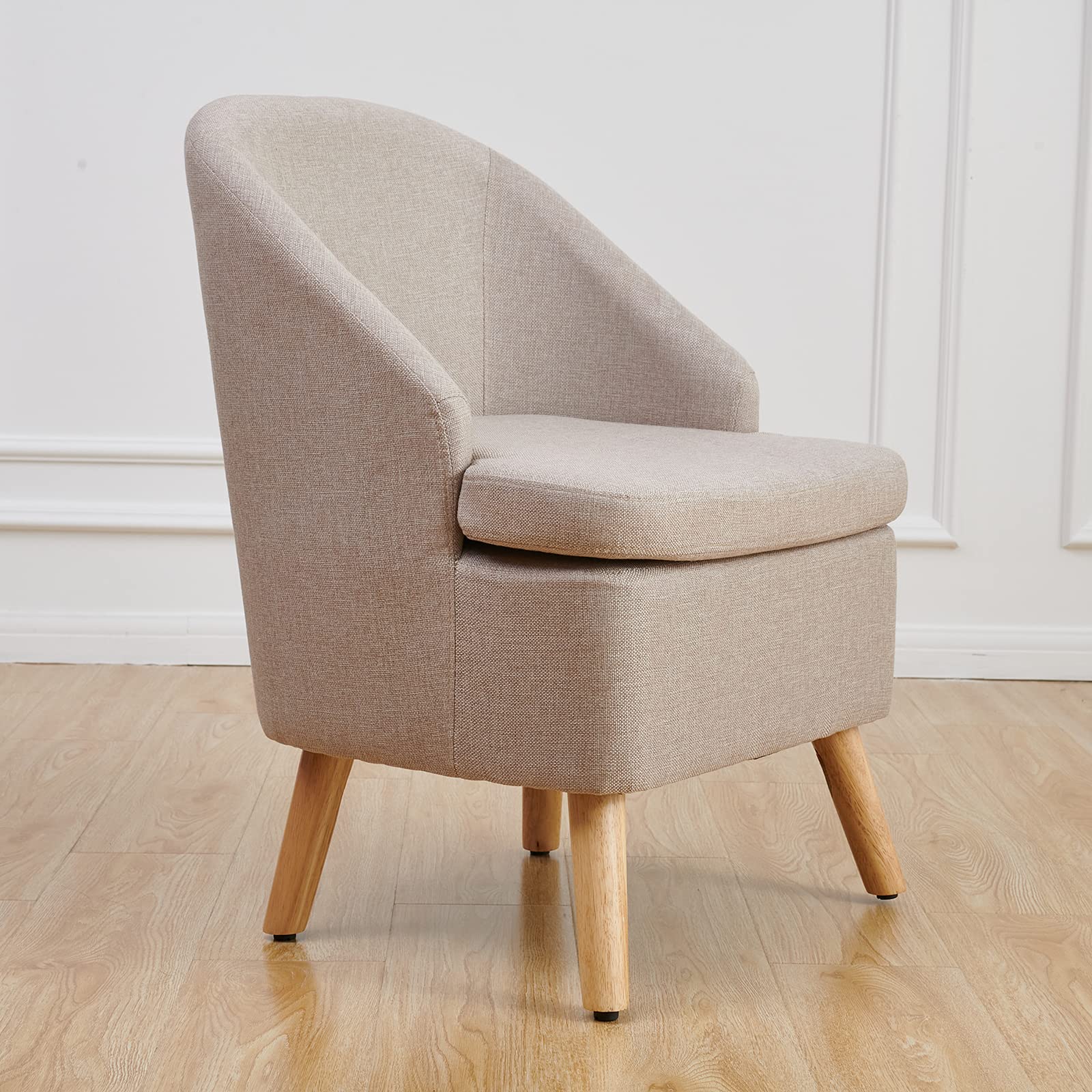 Stylish Beige Barrel Accent Chair with Upholstered Cotton Linen Fabric & Wooden Legs - Perfect Round Single Sofa for Living Room, Bedroom or Office Decor