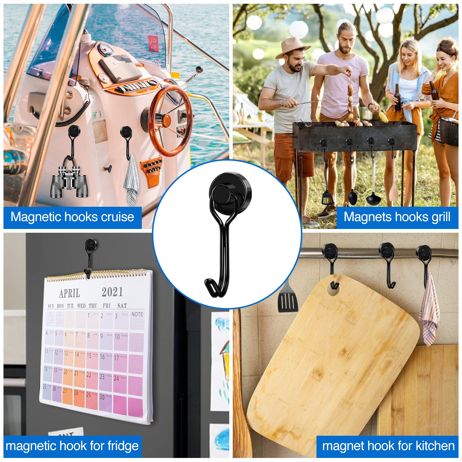 LOVIMAG 8-Pack Magnetic Hooks - Heavy Duty for Garage, Fridge & Travel