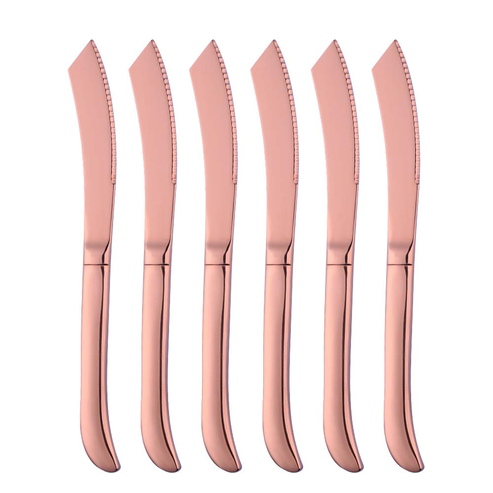 Premium 6-Piece Steak Knife Set - Serrated Stainless Steel Blades, Dishwasher Safe - Elegant Rose Gold Finish by QIBORUN - Perfect for Steak Dinners, BBQ Parties & Fine Dining