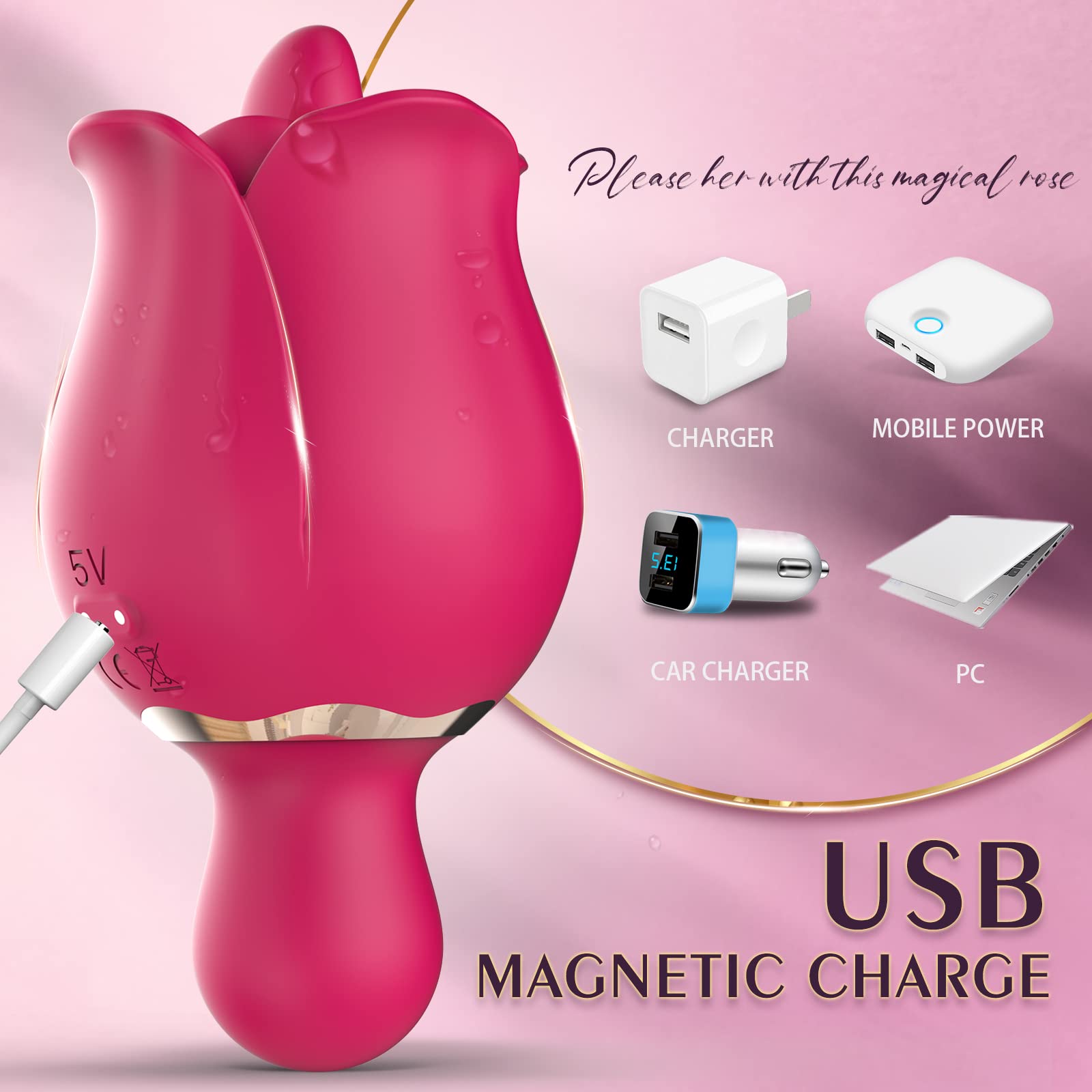 Rose Toy Vibrator for Women - Clitoral Stimulation & Tongue Licking Adult Sex Toy with 9 Powerful Vibration Modes, Waterproof Mini Vibrator for Couples - Perfect for Solo Play & Intimate Moments in Bedroom or Shower