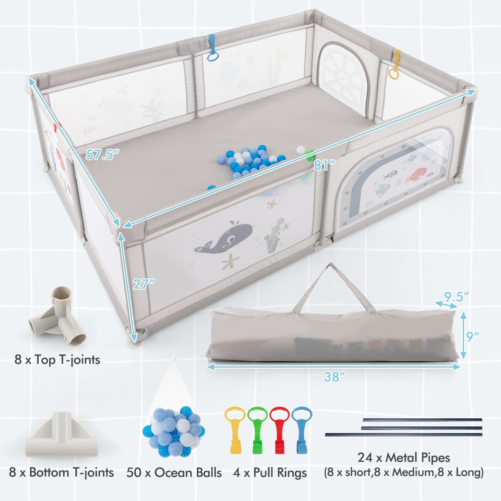 Large Baby Playpen with Pull Rings, Ocean Balls & Cute Whale Pattern - Safe Play Area for Toddlers & Infants - Perfect for Indoor Playrooms, Daycare Centers & Home Use