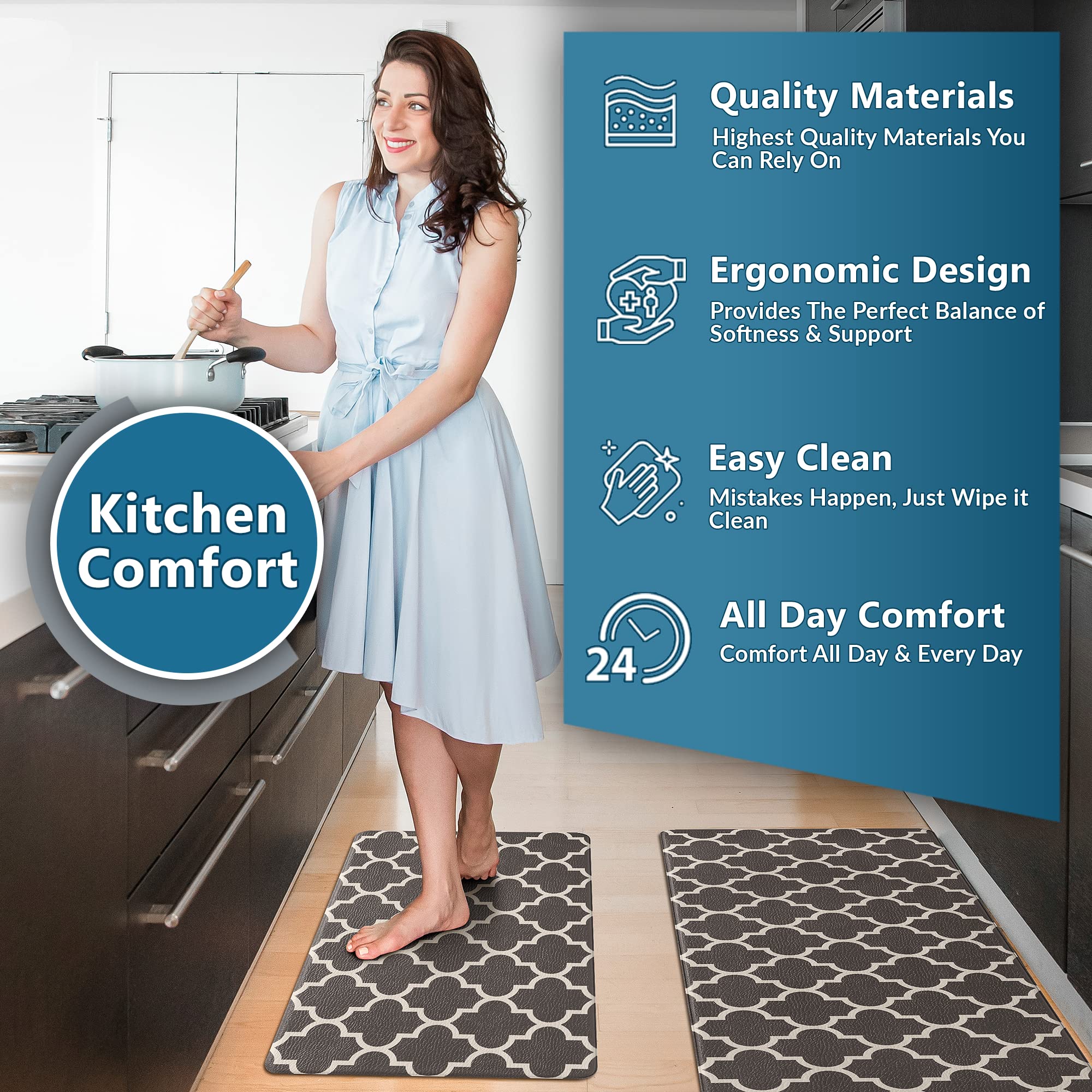 ComfiLife Anti-Fatigue Kitchen Floor Mats (2-Pack) - Extra Thick Cushioned, Non-Slip, Waterproof Standing Mat for Home & Office - Easy to Clean Kitchen Rug for Sink, Laundry & Cooking Areas - Perfect for Long Hours of Standing While Cooking, Washing Dishes or Doing Laundry (Brown)