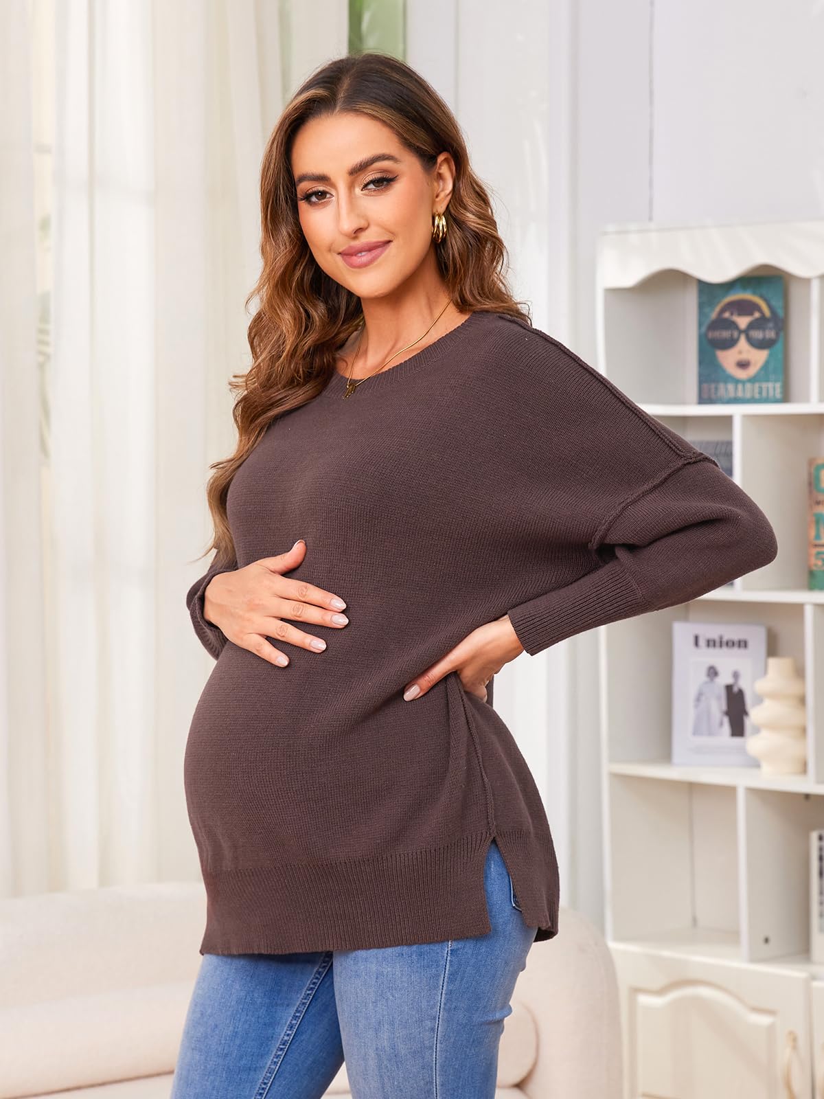 Liu & Qu Women's Maternity Oversized Sweaters - Fall Long Sleeve Batwing Pullover Tops for Pregnancy | Comfortable Crewneck T-Shirts for Expecting Moms | Perfect for Casual Wear, Office & Maternity Photos