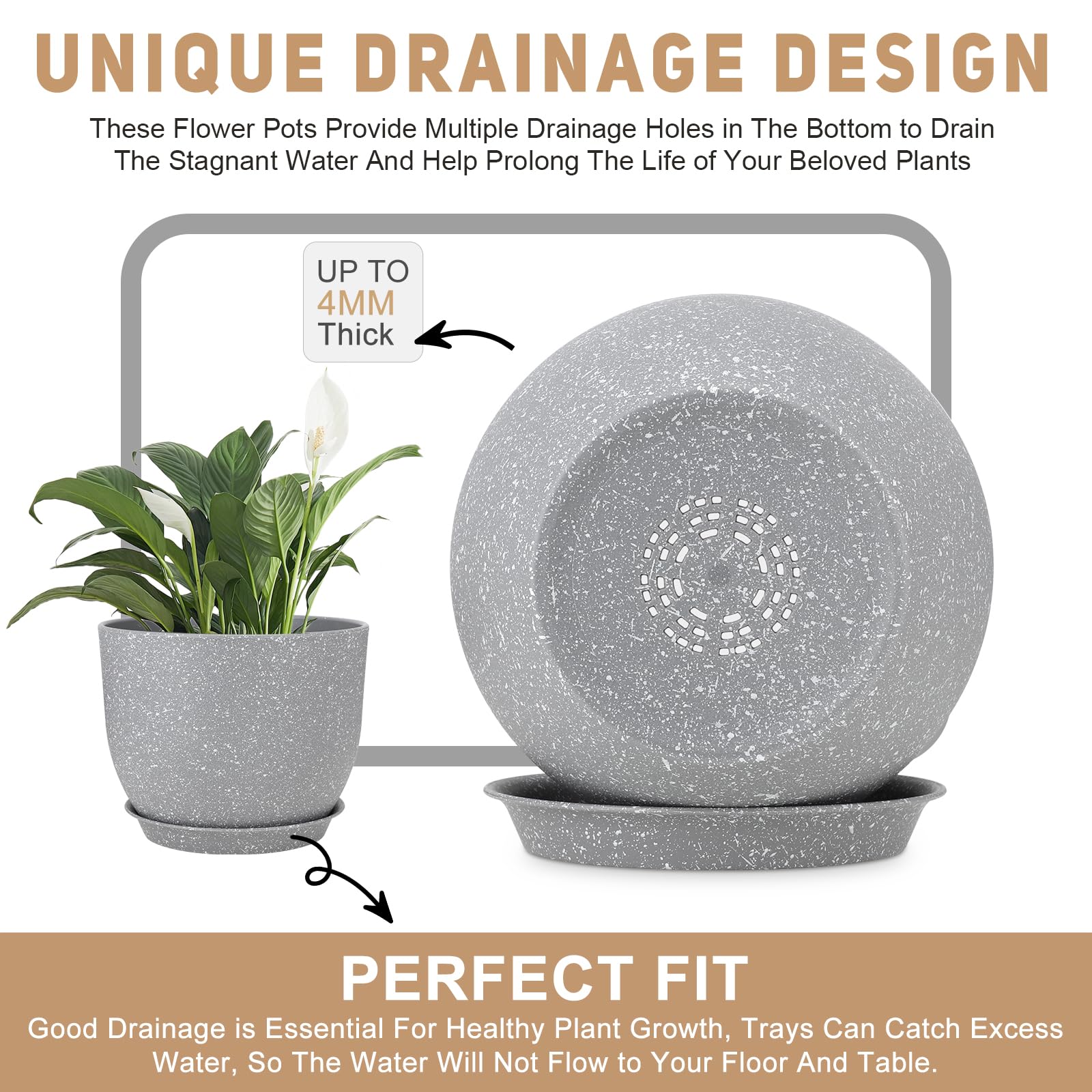 3-Pack 12/10/9 Inch Plant Pots with Drainage Holes - Indoor Outdoor Flower Planters for Succulents, Herbs, Flowers - Perfect for Garden, Patio, Balcony & Home Decor (Gray)