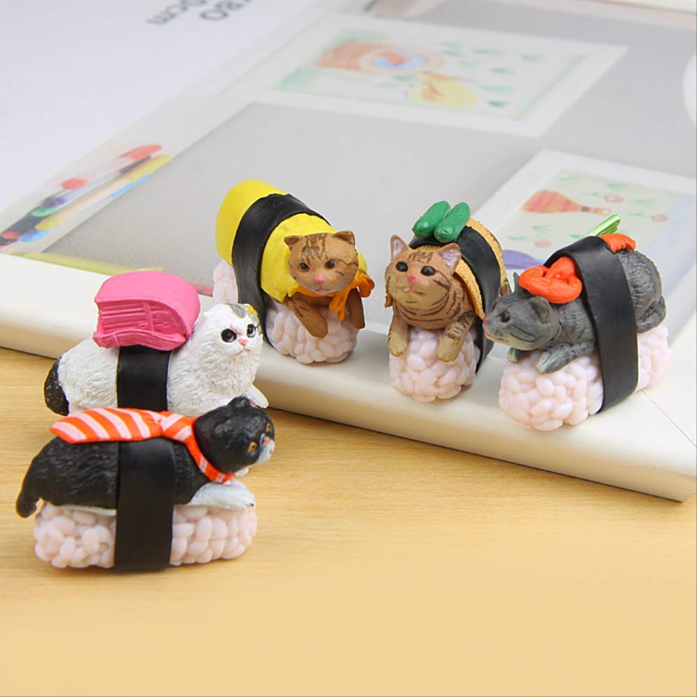 LISAQ Sushi Cat Miniature Figurine Set - 5 Pack Cute Japanese Anime Style Collectible Statues for DIY Home Decor, Office Desk Display, and Garden Ornament