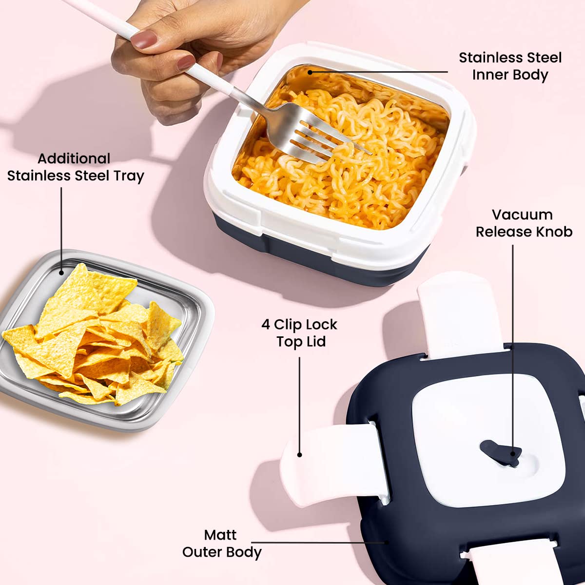 Premium Insulated Stainless Steel Lunch Box for Kids & Adults - Leak Proof Thermal Bento Container with Removable Tray for Salad/Soup (33oz, Navy Blue) - Perfect for School, Office, Picnics & Outdoor Activities