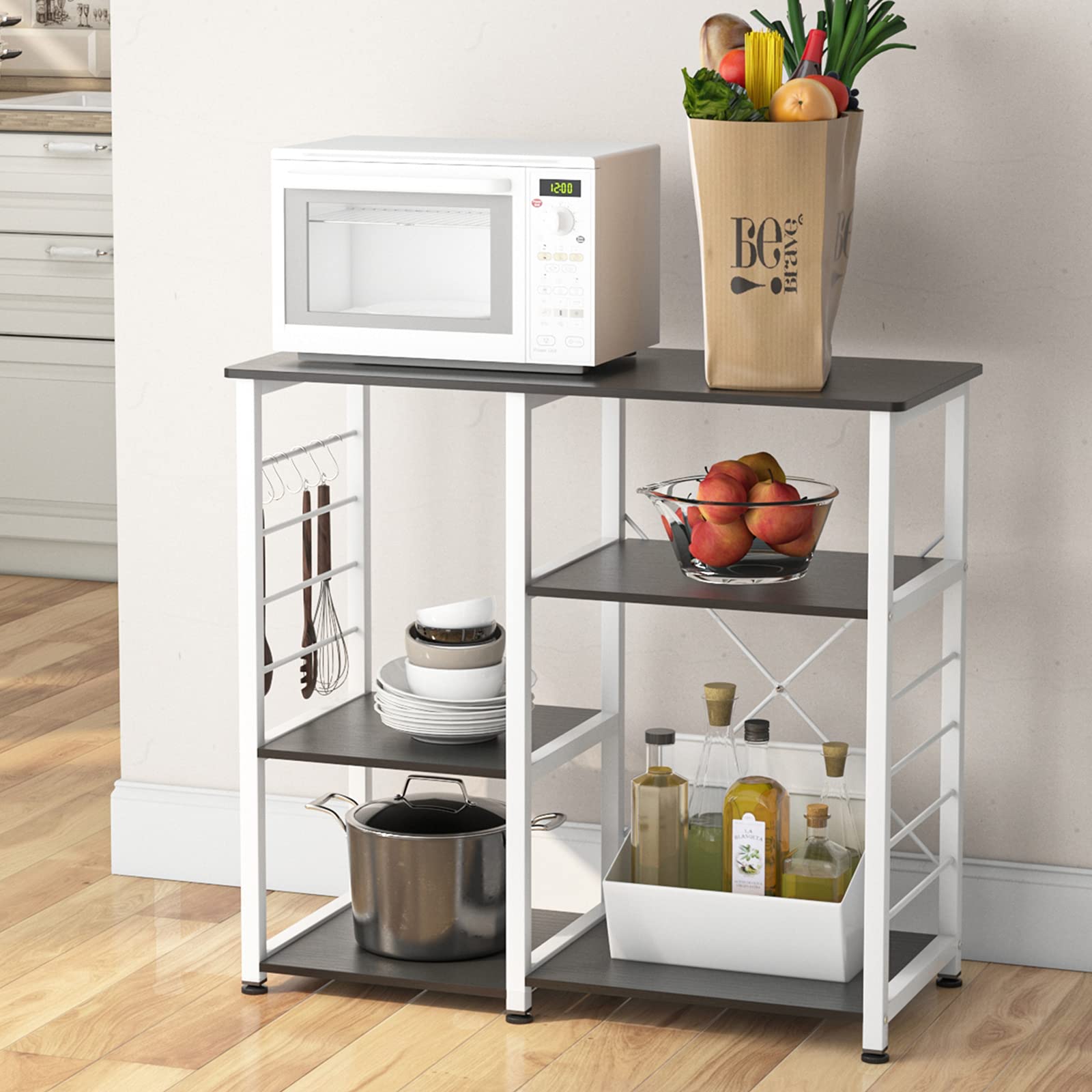 SogesGame Kitchen Bakers Rack with Storage - 3-Tier Microwave Stand, Coffee Station & Utility Cart - Perfect for Small Kitchen, Pantry Organization & Dining Room Storage - Black