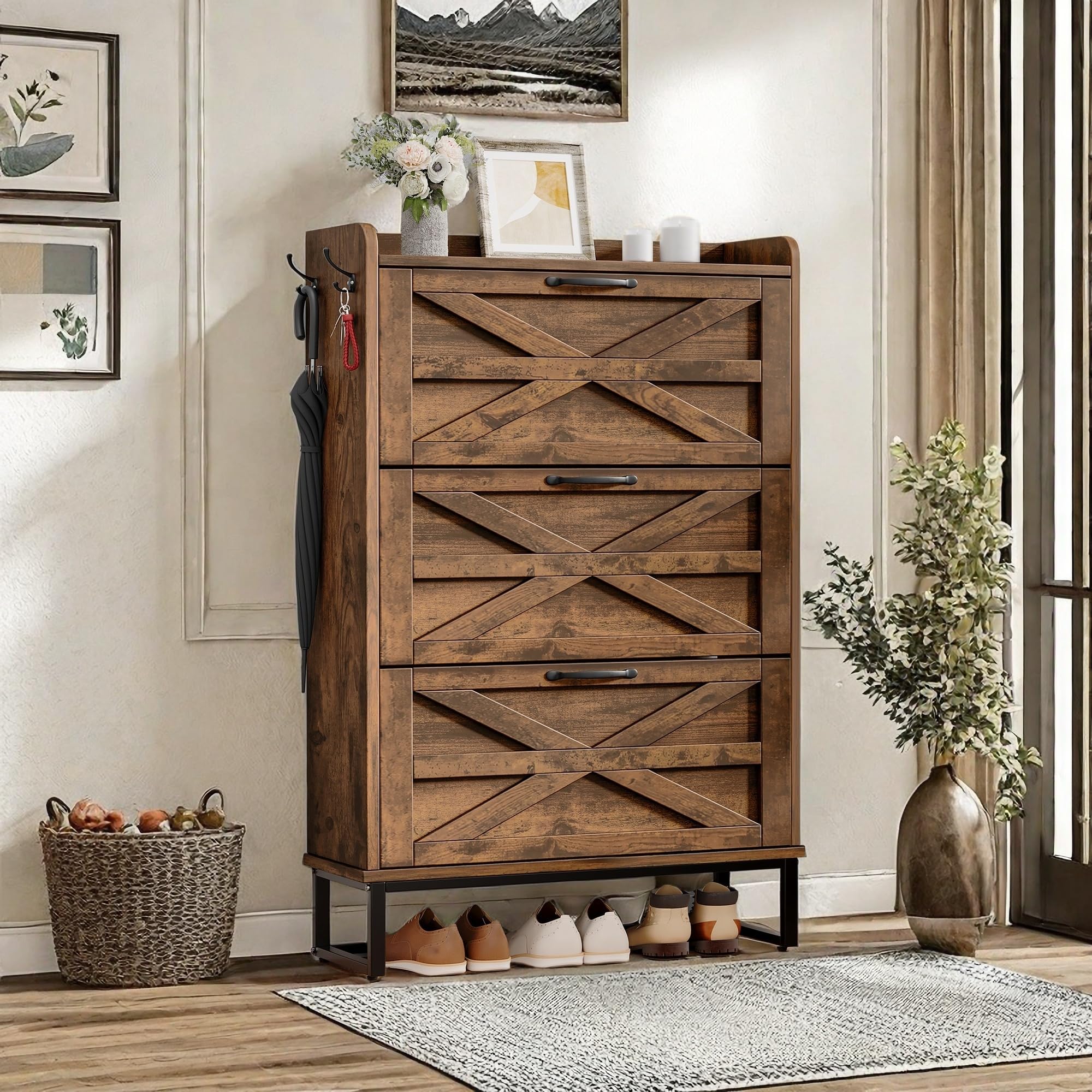 DWVO 3-Tier Flip-Drawer Shoe Cabinet - Holds 24 Pairs, Rustic Brown Farmhouse Entryway Shoe Organizer - Slim Space-Saving Shoe Rack for Living Room, Hallway & Closet - Perfect for Small Apartments & Mudroom Storage