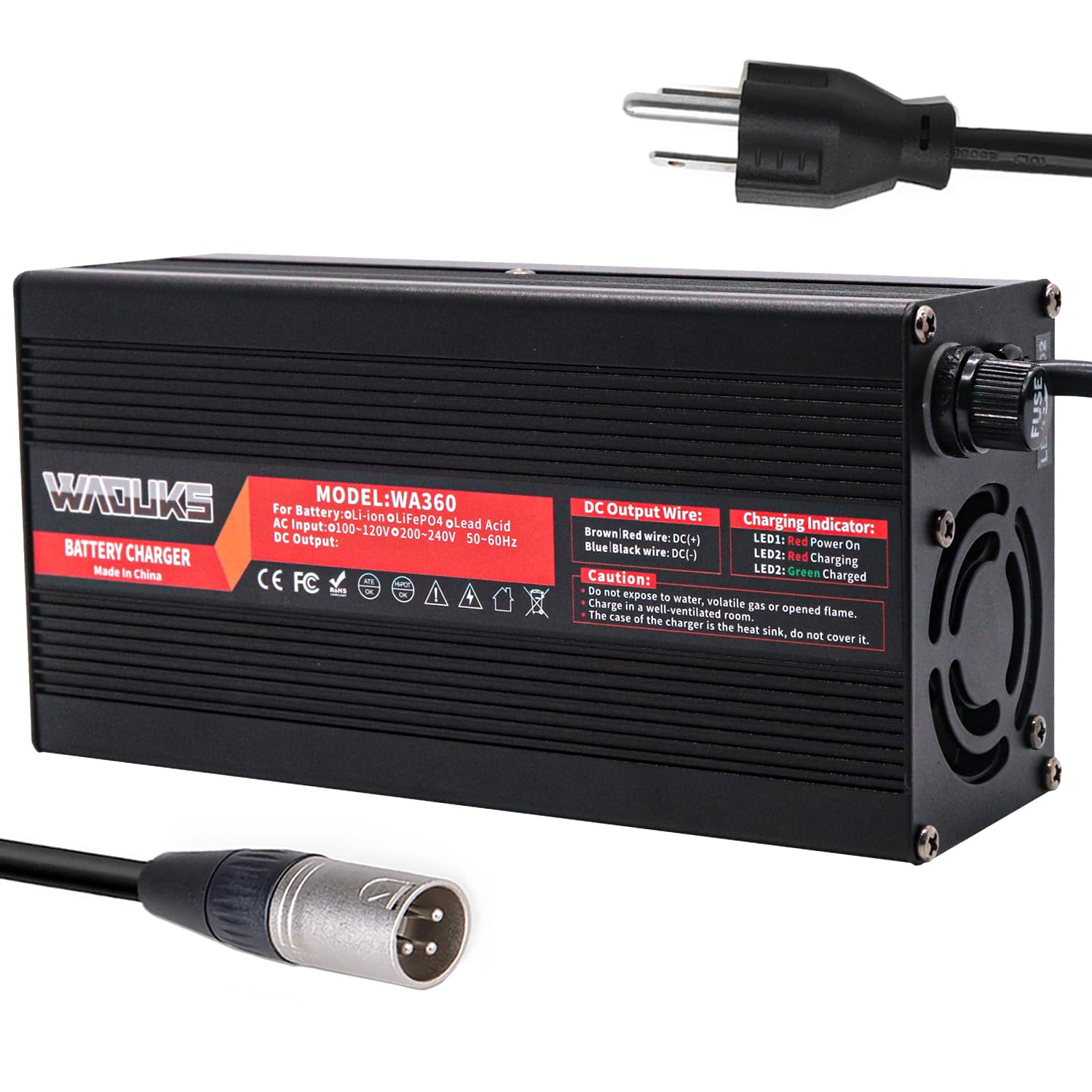 58.8V 6A Smart Charger for 52V Li-ion Battery - Black Aluminum Case with Cooling Fan & Switch - DC Output 3-Pin XLR Connector - Compatible with 14S 52V Lithium Battery Packs - Perfect for Ebikes, Scooters & Power Tools