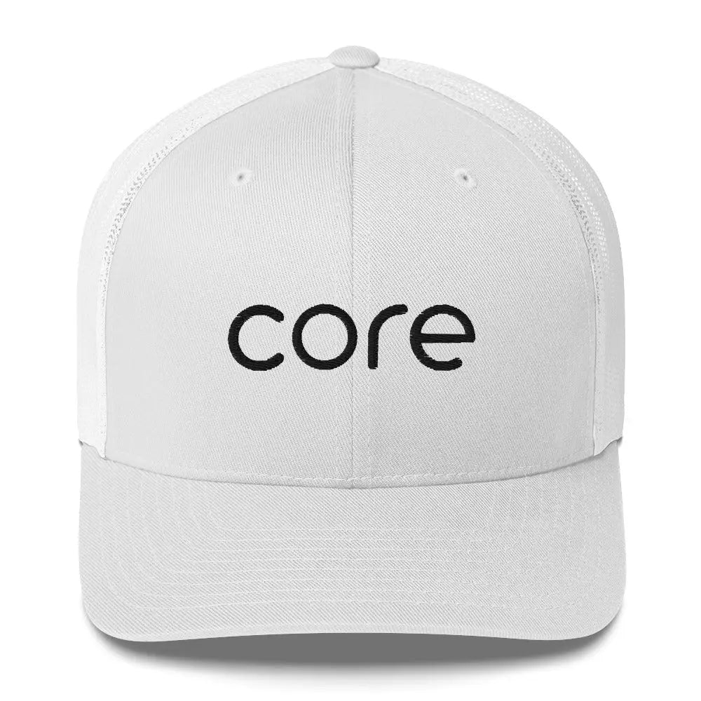 CORE Swimcore Trucker Hat - White Performance Mesh Snapback for Swimming, Fitness & Outdoor Activities | Lightweight Breathable Coach Cap for Men & Women